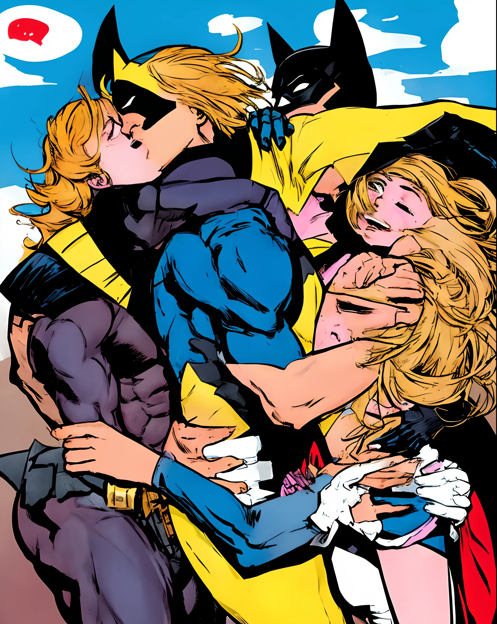 Batman hugging a  blonde girl in his arms in DC comic art style