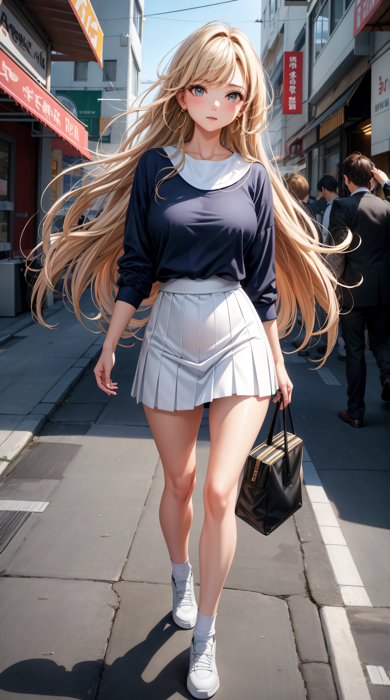 (best quality:1.5, highres, UHD, 4K, detailed lighting, shaders), brown wavy hair, gradient hair, large breasts, woman small shirt, small skirt, white panties, pwhite skirt, (pov), full body, white background, colorful eyeshadow, dramatic lighting, sparkling eyes, confident expression, golden earrings, flowing hair, delicate facial features, soft skin, high cheekbones, stylish clothing, urban setting, walking, picture at the back, white background