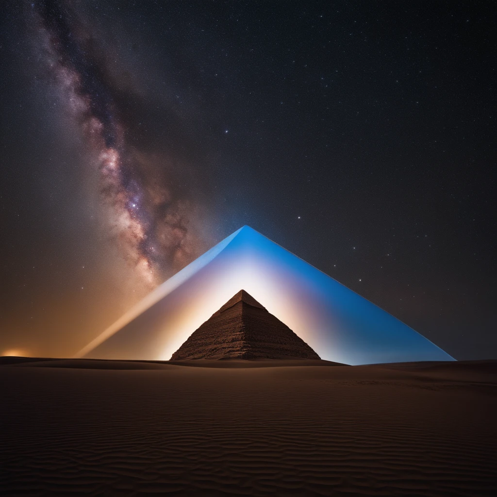 Crystal pyramid、A desert、starrysky、Faraway view、Superior quality、8K quality、magnifica、galactic