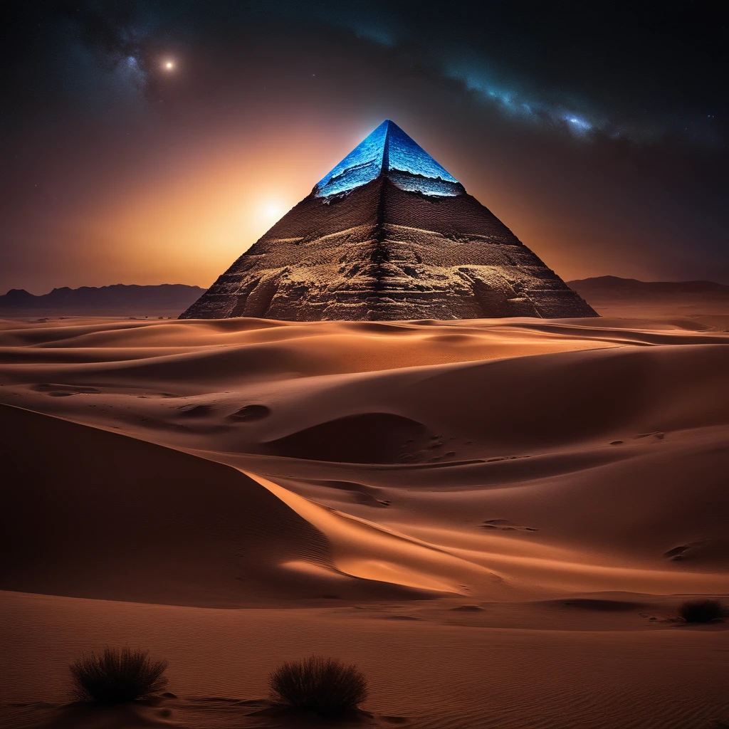 Crystal pyramid、A desert、starrysky、Faraway view、Superior quality、8K quality、magnifica、galactic
