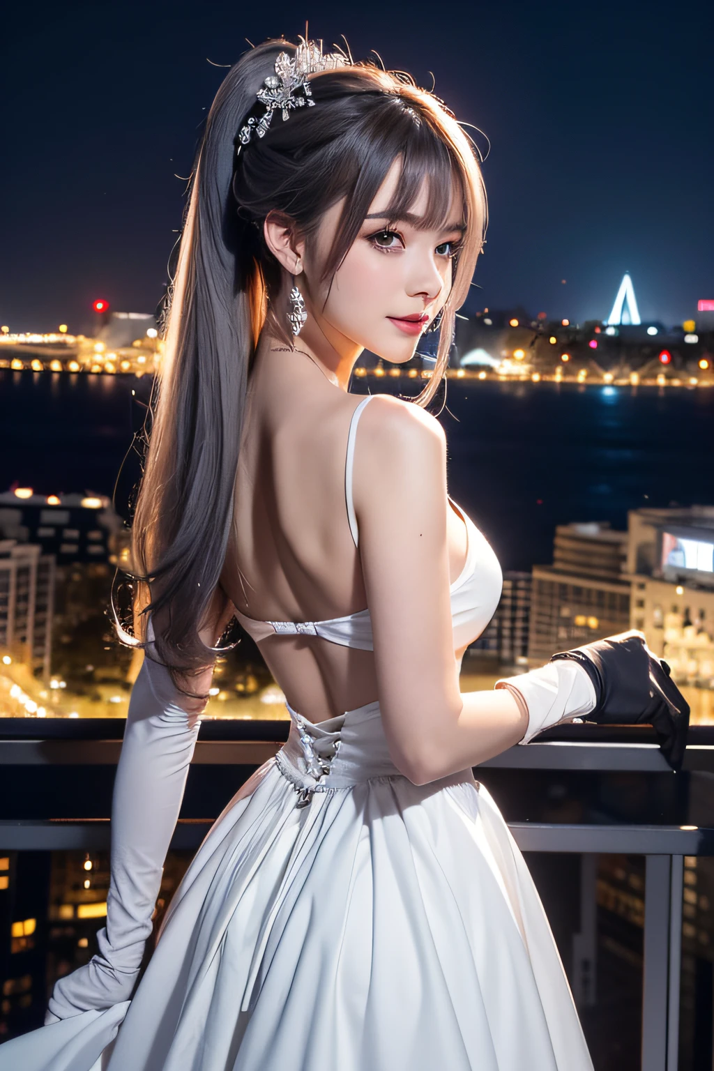 view from back、(Realistic painting style:0.9), masutepiece, Best Quality, absurderes, Looking at Viewer, Solo, bronya zaychik (silverwing n-ex), bronya zaychik, Red pupils, 1girl in, Solo, breasts, Long hair, Dress, Grey Hair, cleavage, Looking at Viewer, Smile, Closed mouth, Bangs, grey eyes, Jewelry, single glove, earrings, White Dress, gloves, Bare shoulders, Sleeveless dress, Drill Hair, Sleeveless, Single sleeve, hair between eye, Large breasts, twin drills, White sleeves, Hair Ornament, Single-pole drone, city, Night、view from back