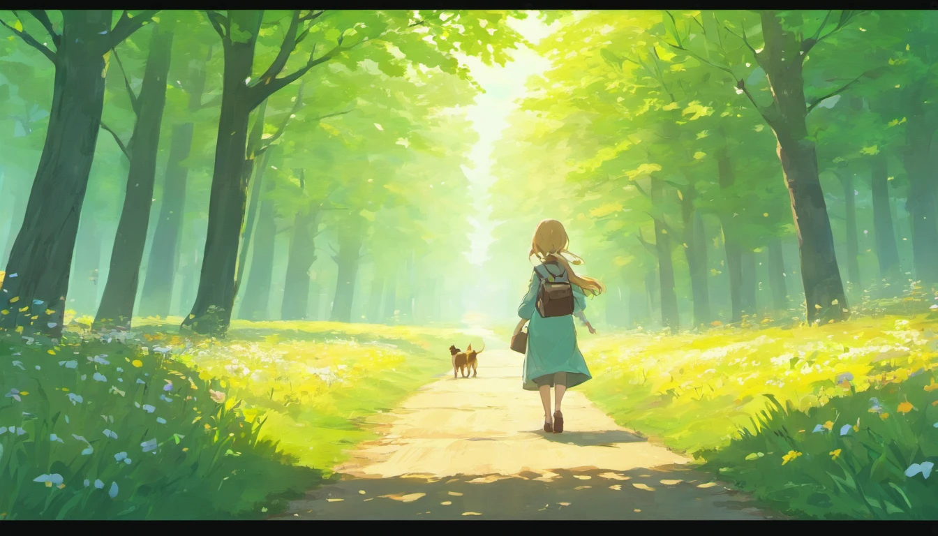 There is a painting of a country road with flowers and trees, A girl is walking with her dog,a digital painting by JoWOnder, shutter inventory, Digital art, lush countryside, Landscape illustration, Valle exuberante, Valle encantador, arte de fundo, anime countryside landscape, beautiful summer landscape, lush scenery, painted landscape, Dreamy landscape, National landscape, flowing hills, beautiful english countryside, English countryside,Close-up,hyper HD,1080p