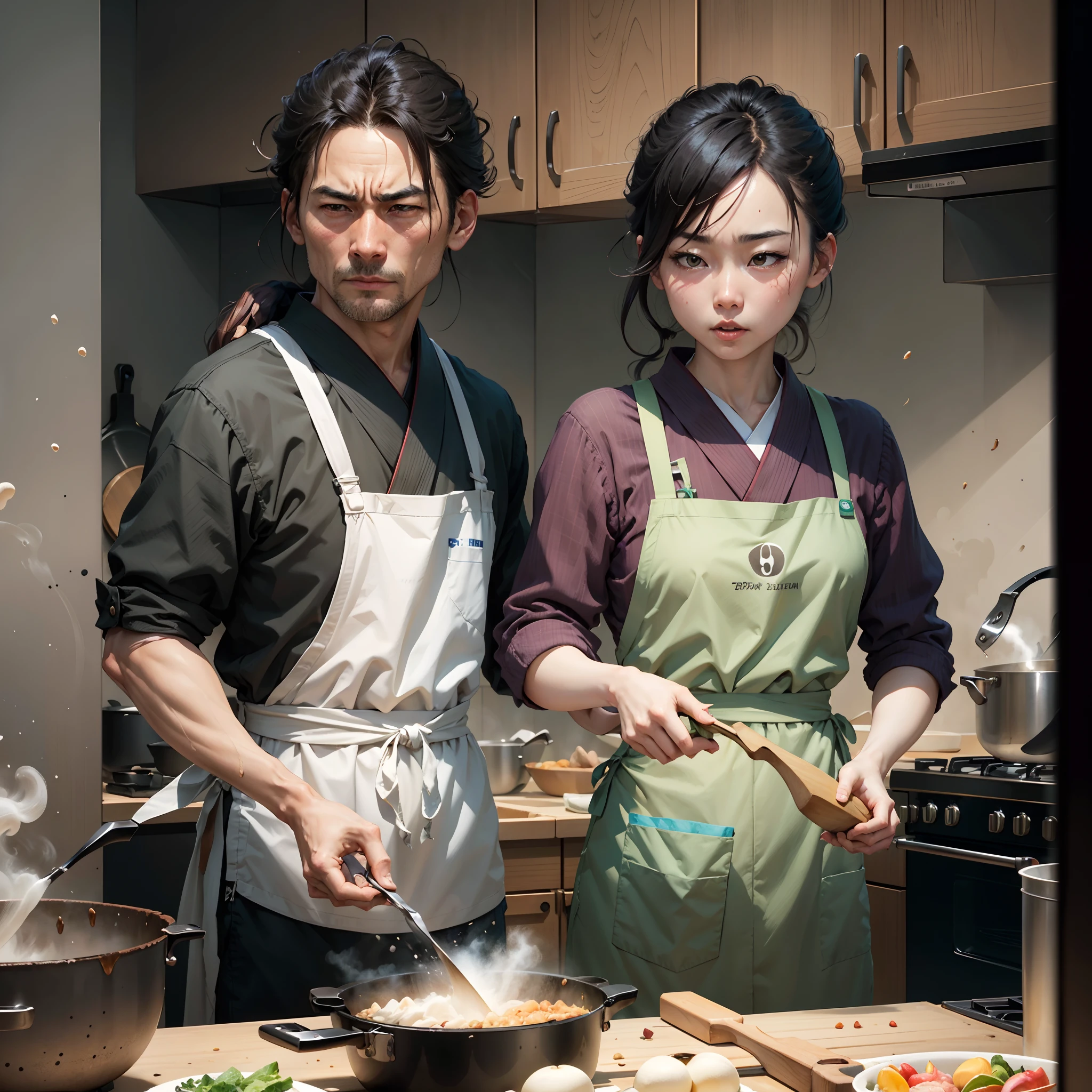 Heat in the kitchen々A 20-year-old Japan girl throws a skillet at a 40-year-old Japan man、Photorealistic、Wearing an apron、Angry