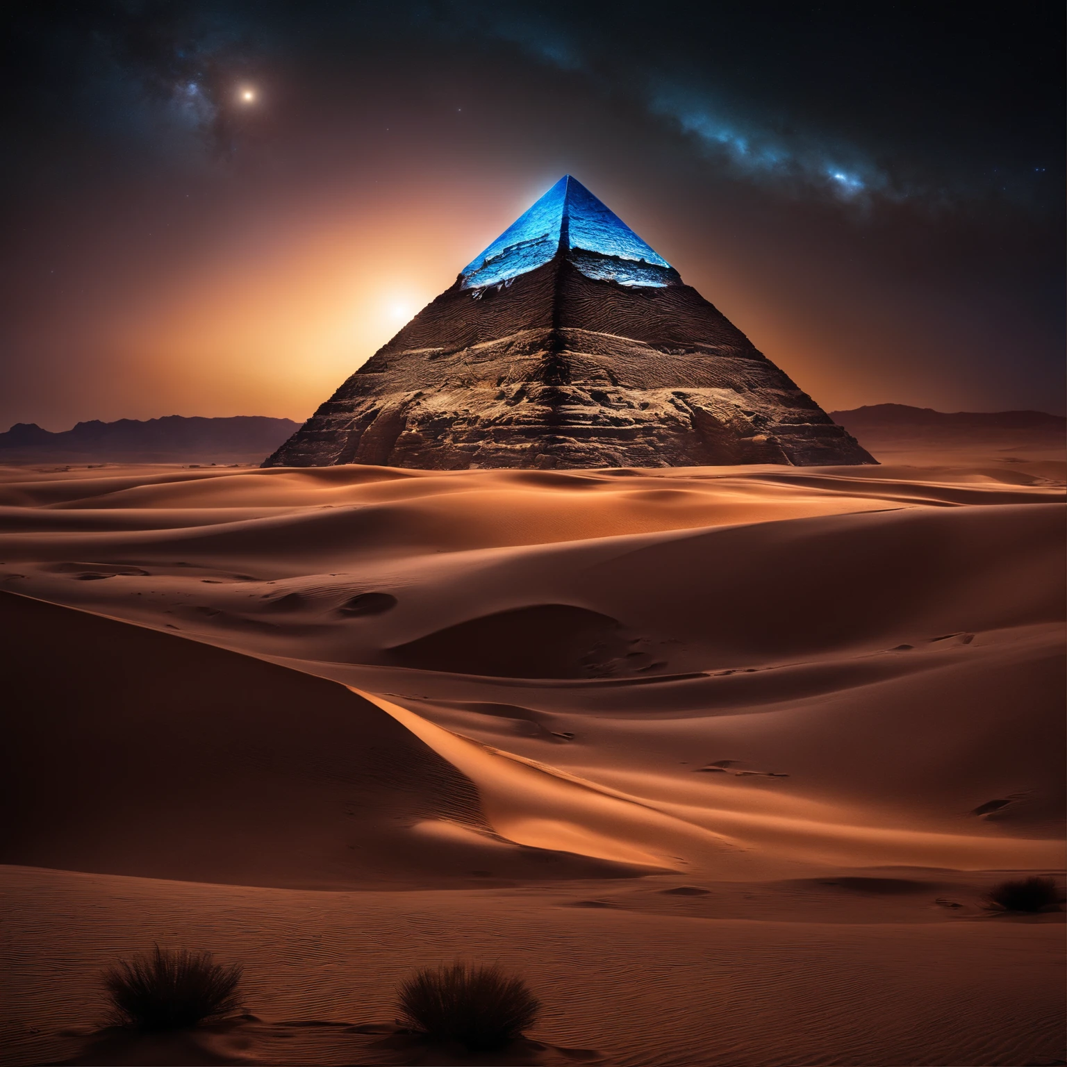 Crystal pyramid、A desert、starrysky、Faraway view、Superior quality、8K quality、magnifica、galactic