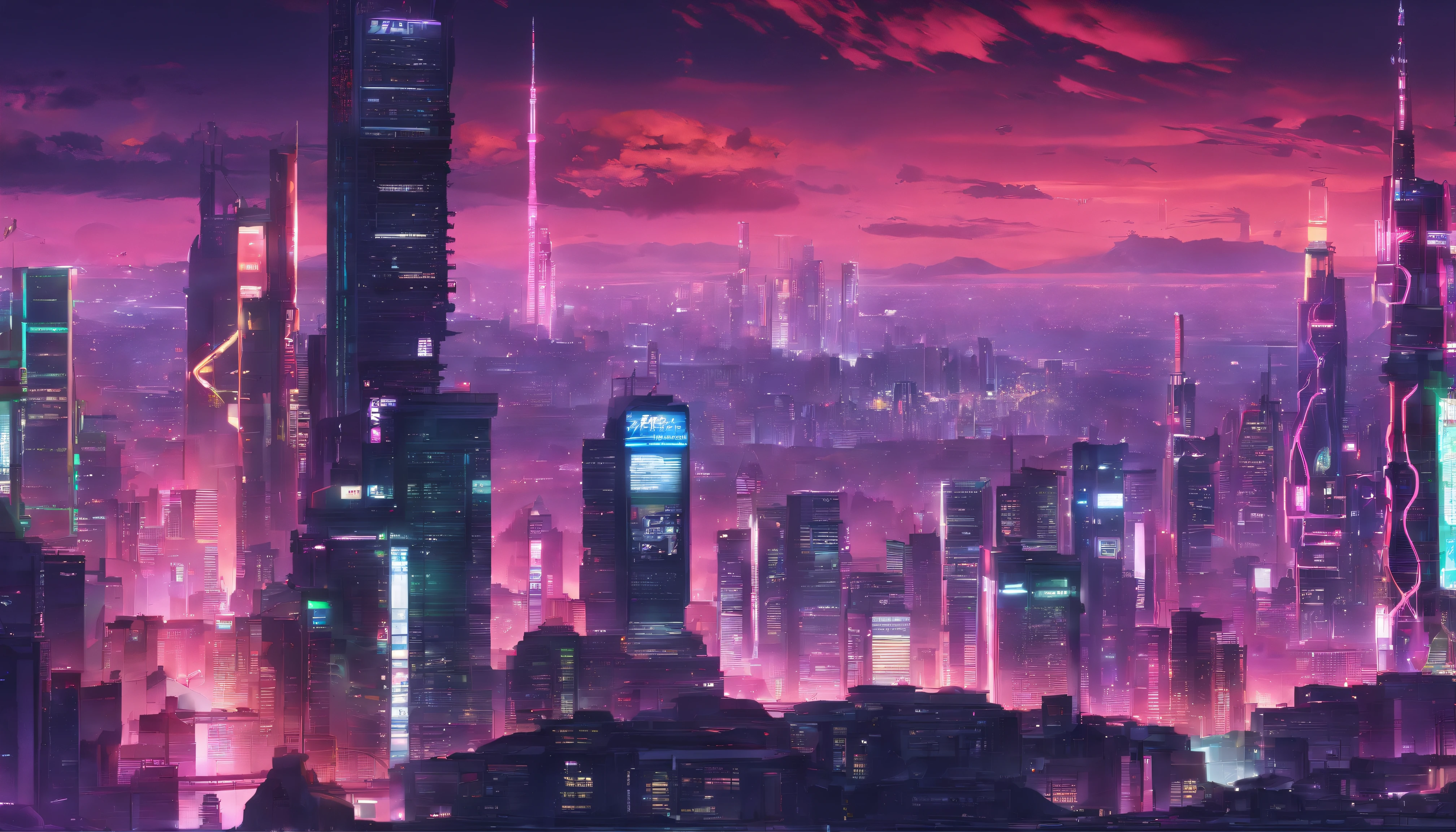 Close-up of city with neon lights at sunset background, synthwave city, vaporwave city, synthwave aesthetic, Neon city in the background, The backdrop of the new Tokyo, Neon metropolis in the background, futuristic urban background, cyberpunk aesthetics, The backstory of the city is cyberpunk, purple cyberpunk city, Cyberpunk city setting, cyberpunk aesthetics, cyberpunk atmosphere, cyberpunk city landscape,Anime Cloud, anime backgrounds, Anime Sky, in the style of makoto shinkai, beautifull puffy clouds. anime big breast, Makoto Shinkai's style, makoto sinkai!, beautiful anime scenery, Adapted from Makoto Shinkai, anime landscape wallpapers, makoto sinkai!!, makoto shinkai art style,japanaese girl,Pale skin,beauitful face(Purple hair)Red jacket,Tokyo at night, has cyberpunk style,japanese streetwear,tokyo fashion,Wearing a cyberpunk 2 jacket 0 7 7,whole-length,Attractive pose,Bottom view
