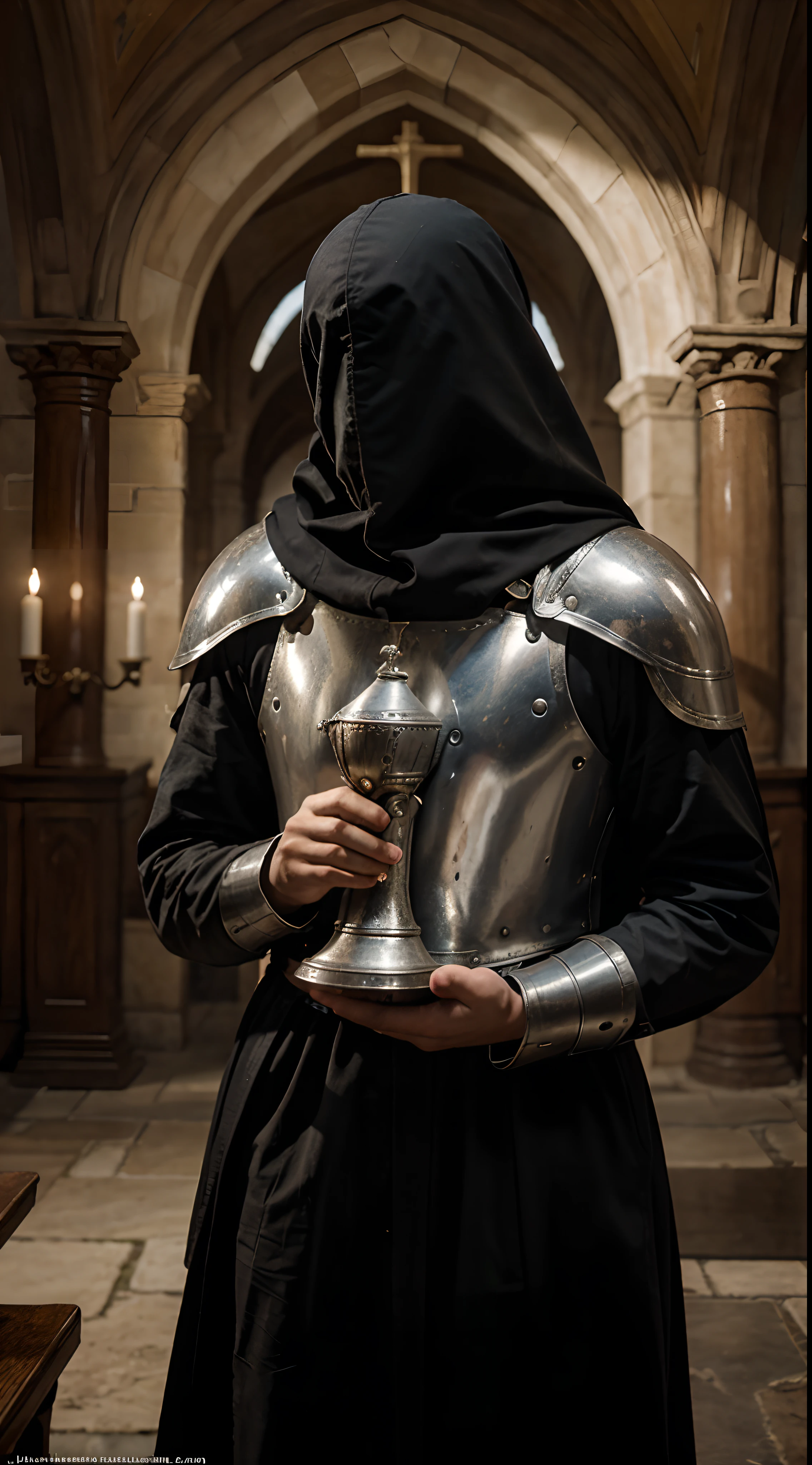 A distant scene of a young knight without face trying to reach the Holy Grail