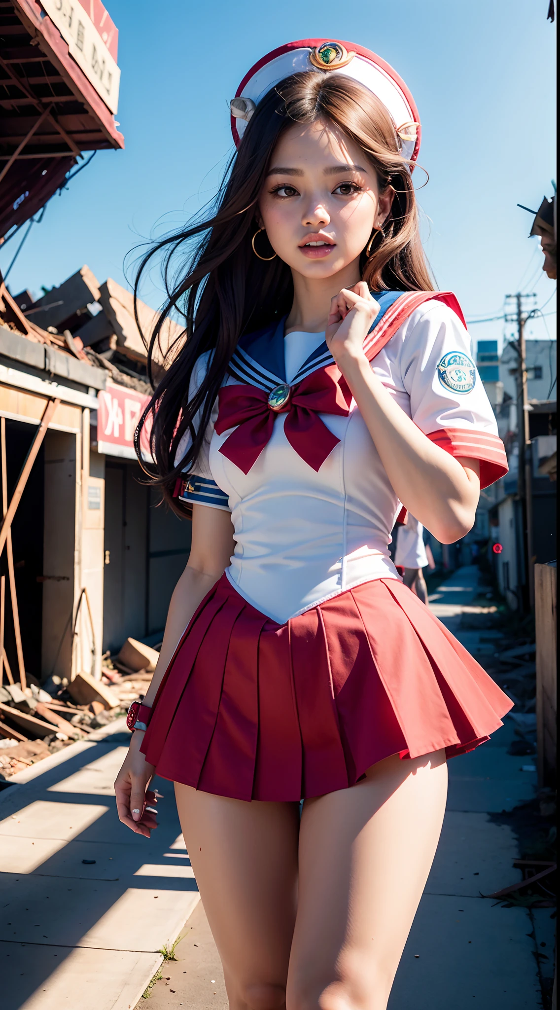 Jennie blackpink hermosa con vestido corto azul transparente, obra maestra, La mejor calidad, High resolution, Venus1, solamente, (Uniforme Sailor Senshi:1.4), Venus marinera, Aino Minako, cabello rubio, Magical Girl, ojos azules, falda naranja, guantes hasta el codo, tiara, 60% minifalda plisada , lazo de pelo, Collar marinero naranja, minifalda, gargantilla, red bow, gargantilla naranja, guantes blancos, Pelo muy largo, jewely, pendientes, tiro de mezclilla, vista desde abajo, ((Detalles intrincados)), They are smiling,,More detailed 8K.motor irreal:1.4,UHD,La mejor calidad:1.4, fotorrealista:1.4, textura de la piel:1.4, obra maestra:1.8,obra-prima, mejor calidad,objeto Objeto], (detailed face features:1.3),(Apocalyptic city destroyed:1.4),( Jennie blackpink:1.4)