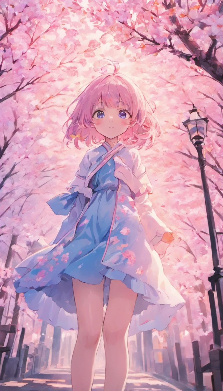 The upper part of the body,one-girl,Fluttering cherry blossoms,low-saturation,pale-blue( reasonable design, Clear lines, High sharpness,Best quality, Very detailed, Masterpiece, movie light effect, 4K )