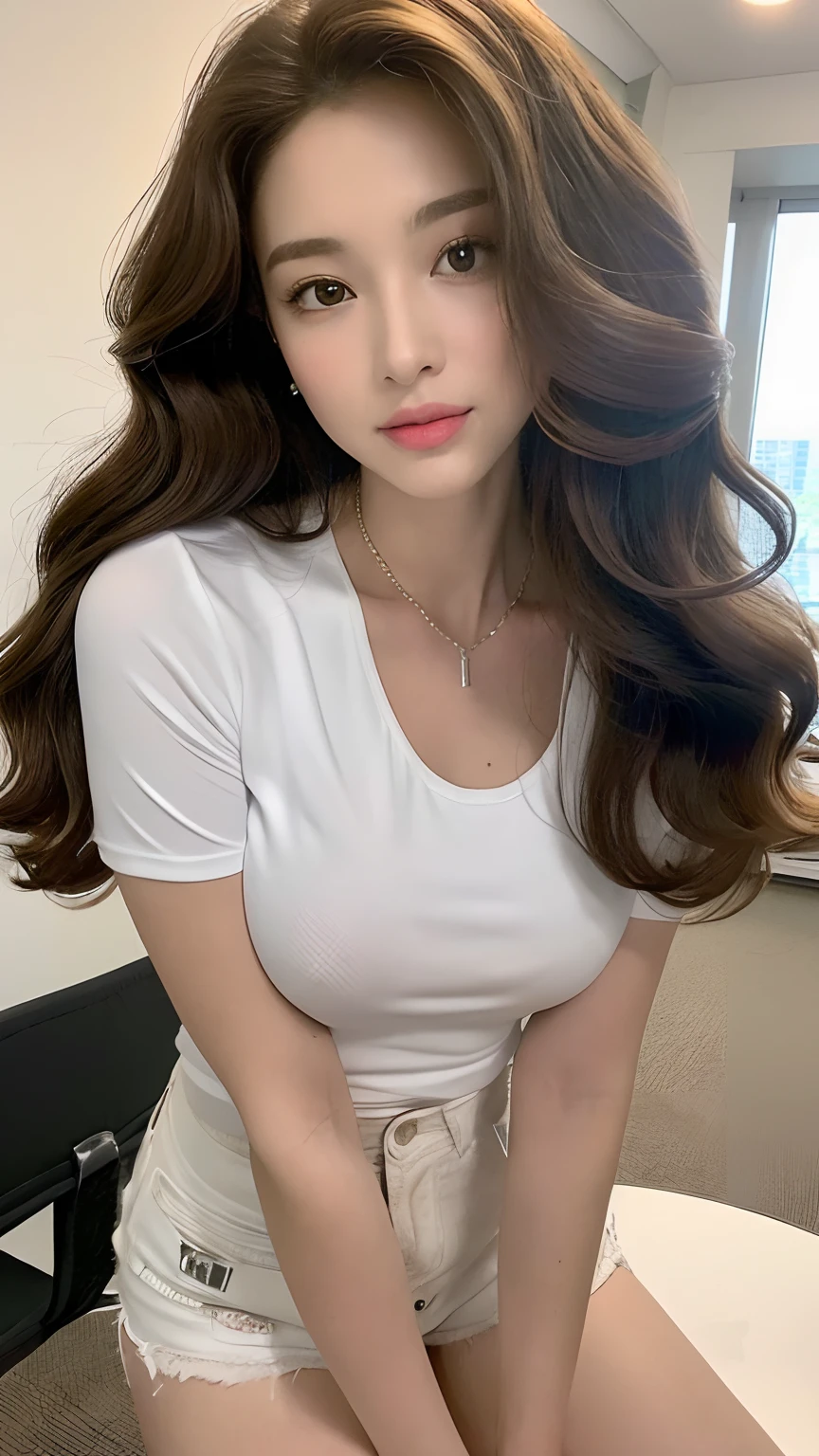 ((best qualtiy, 8K, tmasterpiece:1.3)), Focus:1.2, ((Office Worker)) ((Perfect figure Beautiful Woman: 1.4)), ((Random Diva Hairstyle) ((Brown Wavy Hair In Big Curls))(Long white legs:1.3,(Polo Shirt With Shorts Outfit :1.2) , (inside in room: 1.2), Highly Detailed Facial And Skin Texture)), A detailed eye, detailed lips, Whiten skin((Straight breasts:1.3), ((looking at camera, Wear a necklace,