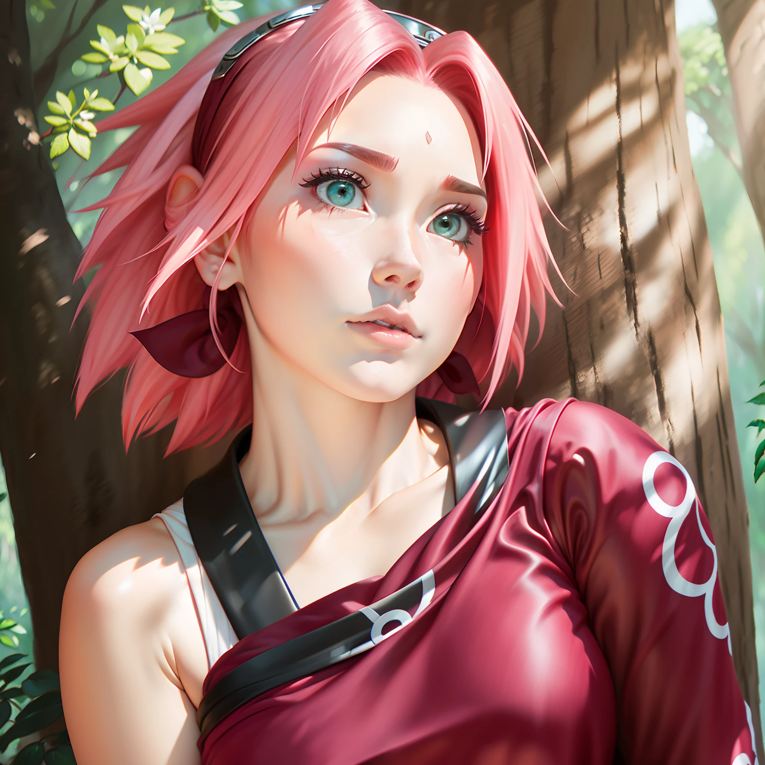 Sakura Haruno, Cabelo Rosa, Tecido Fino, Sutileza, roupa branca, seios tamanho medio, fundo arvore, (close up cleavage), (Obra Prima, Reslismo, Melhor qualidade) Cabelo Curto,
