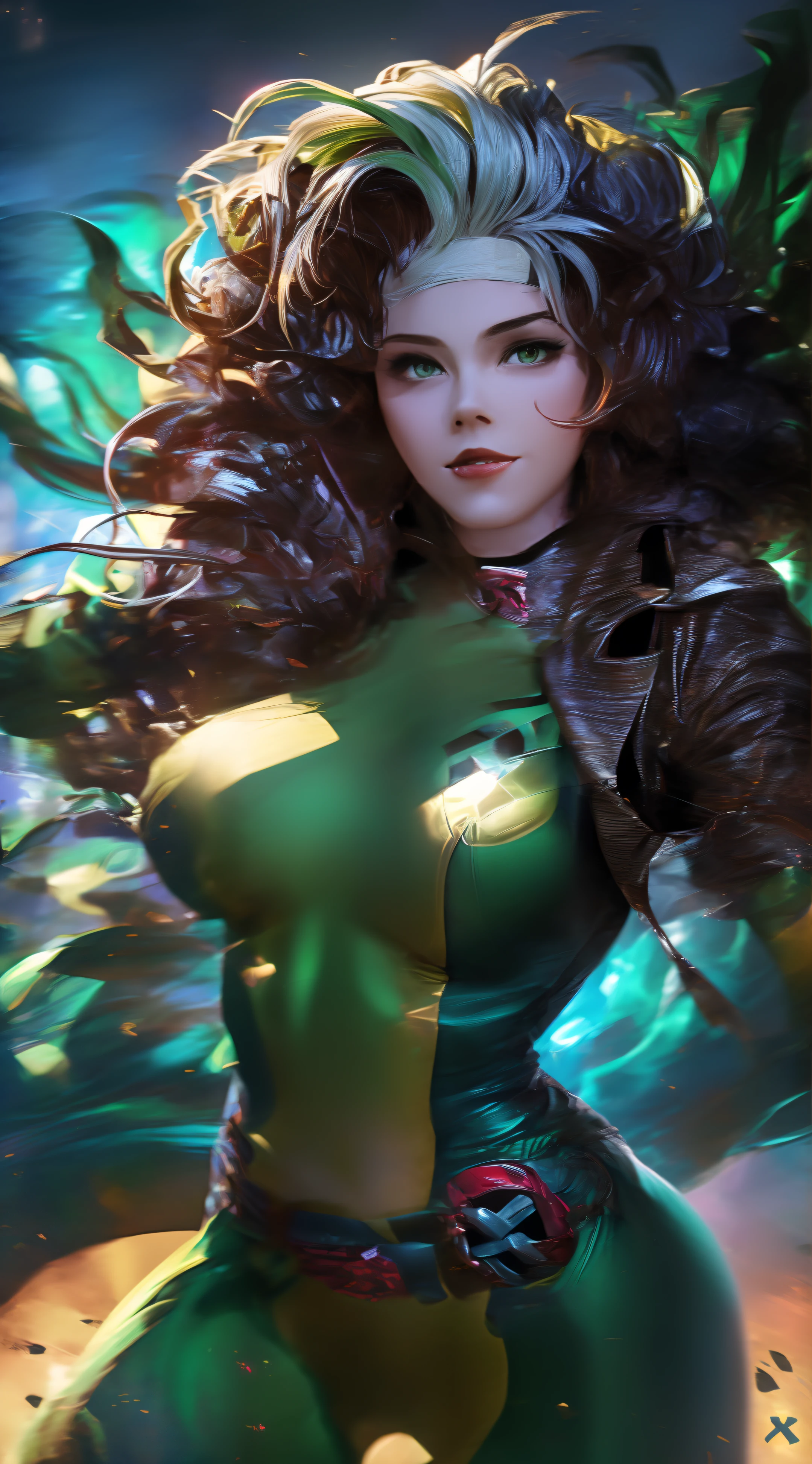 beautiful woman, ((Rogue X-men), white lock in hair, brown hair, green and yellow clothing, yellow color in the middle of the outfit vertically, brown jacket, green band on the forehead, a belt with an X in the middle, flying, An X of X-men on the chest