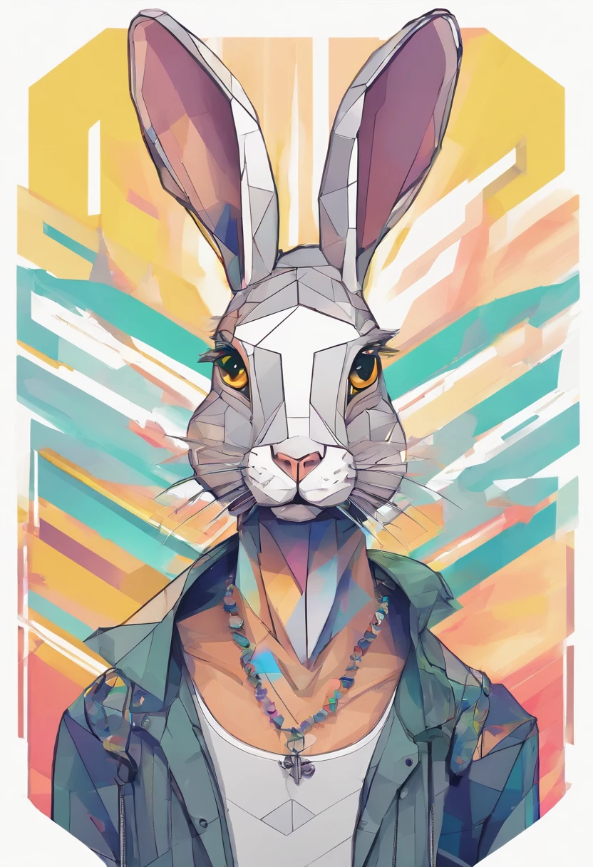 Cool and trendy rabbits, rainbow-colored hair, Yellow eyes, Wear trendy hip-hop clothes, Wearing a hoodie, Graphic T-shirt and ripped jeans, Lots of tattoos and piercings, Doodle style background, Highly detailed background, perfect masterpiece, High quality, High resolution remove background.