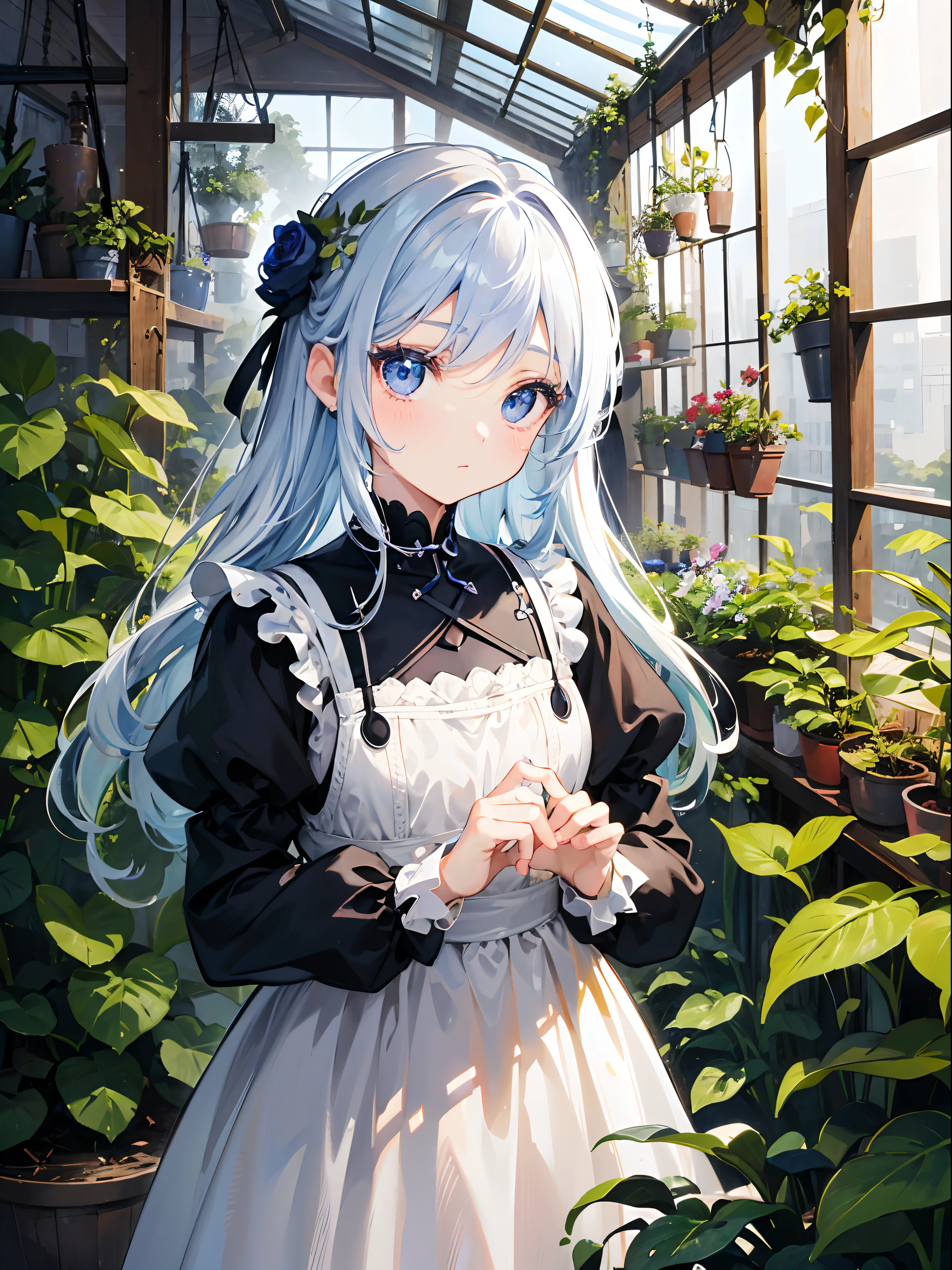 Copperplate engraving、Color rough、Scandinavian design、moderno、animesque、Deformed、cute little、long eyelashes、lower eyelashes、Big eyes、Botanicals、Background of a greenhouse with depth、Tangled ivy、scissors、Jouro、One girl in an all-over dress