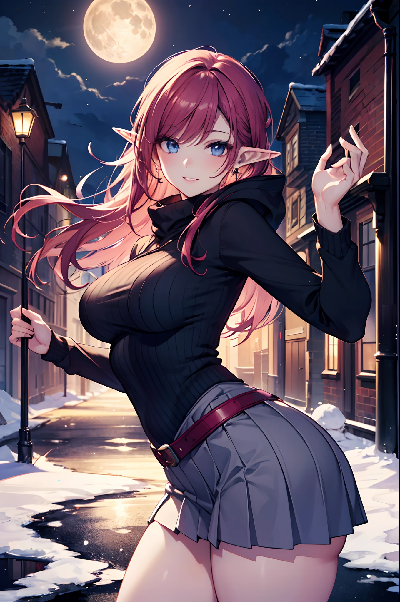 Realistic and detailed image of an elf assassin. Dressed in a hooded sweater and pleated miniskirt. Long silky crimson red hair that is unusually shiny combed to the right. Violet-blue eyes. She has earrings, long eyelashes. She has full, smiling lips. Large breasts, slender waist, very wide hips and thick thighs. Front view. Arched back. She is posing with a city in the distance. Snowy night. Halloween atmosphere. Giant full moon.