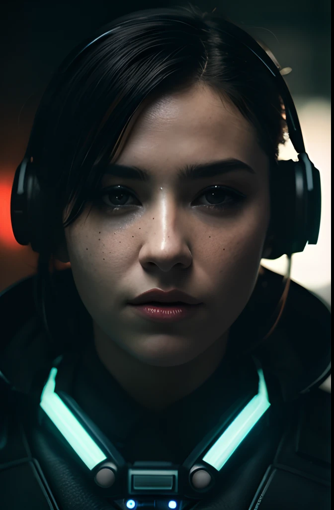 8K, close up portrait shot, RAW editorial photo of a female cyberpunk soldier, (freckle:0.3), dark shot, Perfect eyes, skin moles, view the viewer, cinema shot, hard shadows, dystopian, Professional photo, complex, Ultra-detailed, Cinematic lighting, Masterpiece, Moody, Dramatic, Sharp focus, Motion blur, noise, Lens effects, Scenes from Zach Snyder, analogue photography, an award winning photograph, Depth of field, Bokeh, Neon lights, Ultra-detailed background, hard shadows, Ray tracing, Shoot at random angles, Large numbers fled, perfect textures, Haptic textures, A laser fired from a gun, Perfect skin texture,