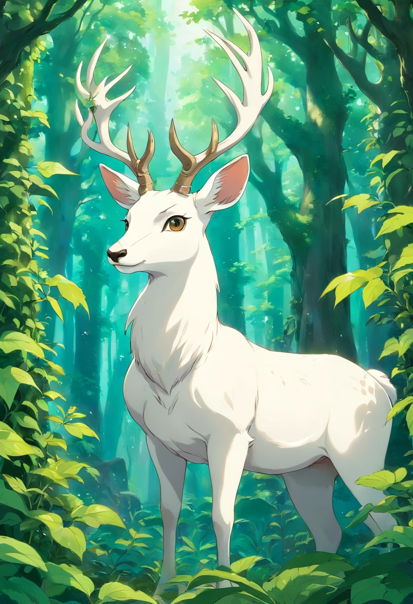 a white buck with small horns adorned with large leaves and vines in a enchanted forest background