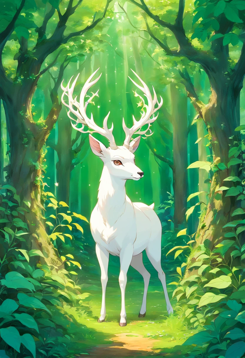 a white buck with small horns adorned with large leaves and vines in a enchanted forest background