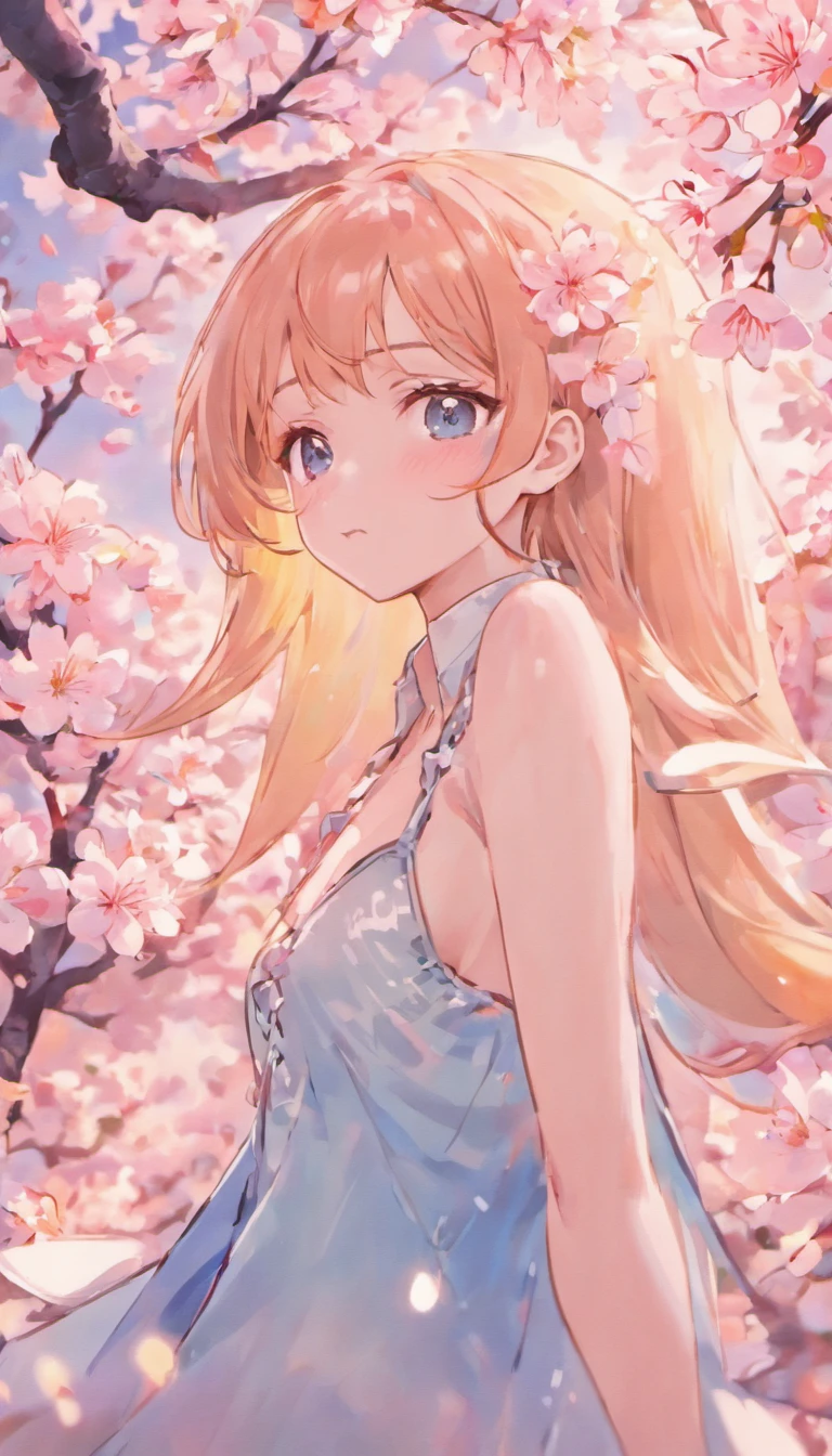 sideface，closeup cleavage，one-girl，Fluttering cherry blossoms，pale-blue( reasonable design, Clear lines, High sharpness,Best quality, Very detailed, Masterpiece, movie light effect, 4K )