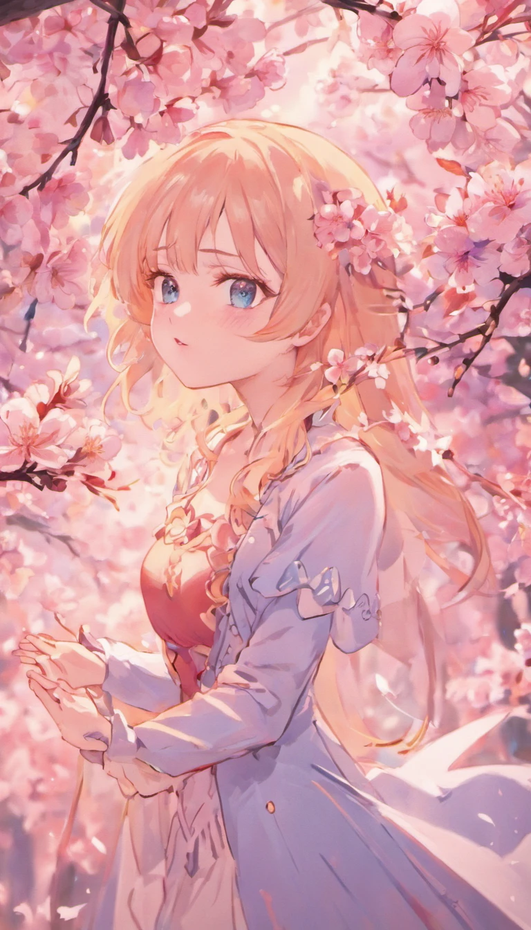 sideface,closeup cleavage,one-girl,Fluttering cherry blossoms,pale-blue( reasonable design, Clear lines, High sharpness,Best quality, Very detailed, Masterpiece, movie light effect, 4K )