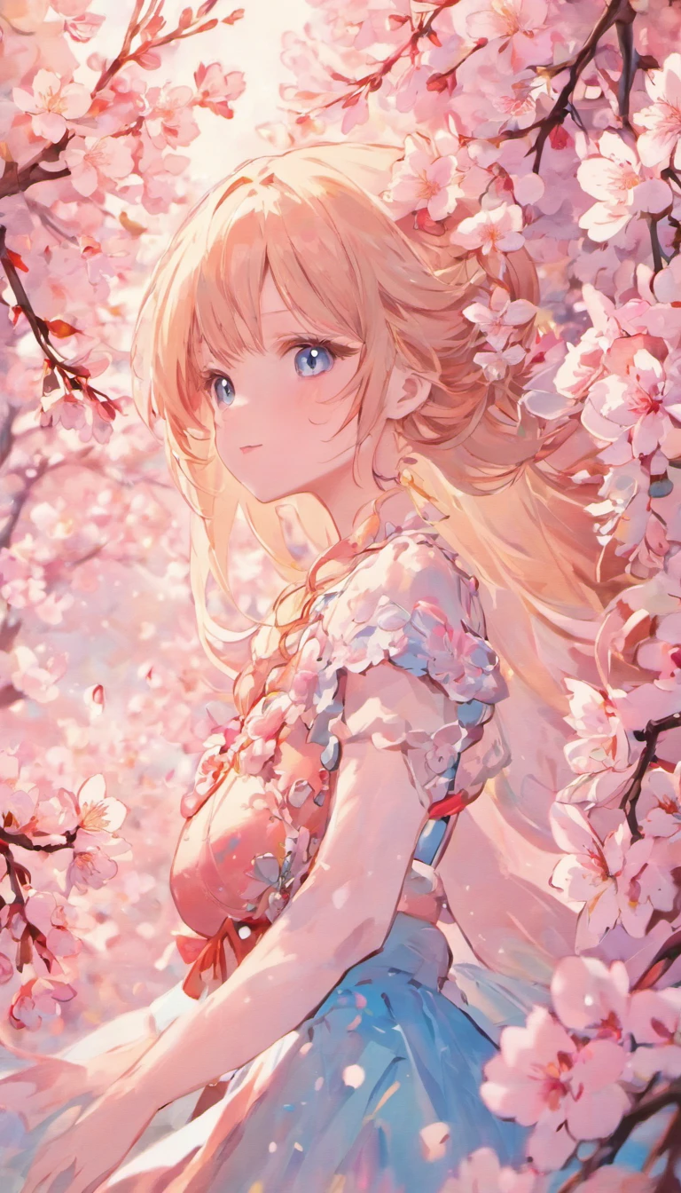 sideface，closeup cleavage，one-girl，Fluttering cherry blossoms，pale-blue( reasonable design, Clear lines, High sharpness,Best quality, Very detailed, Masterpiece, movie light effect, 4K )