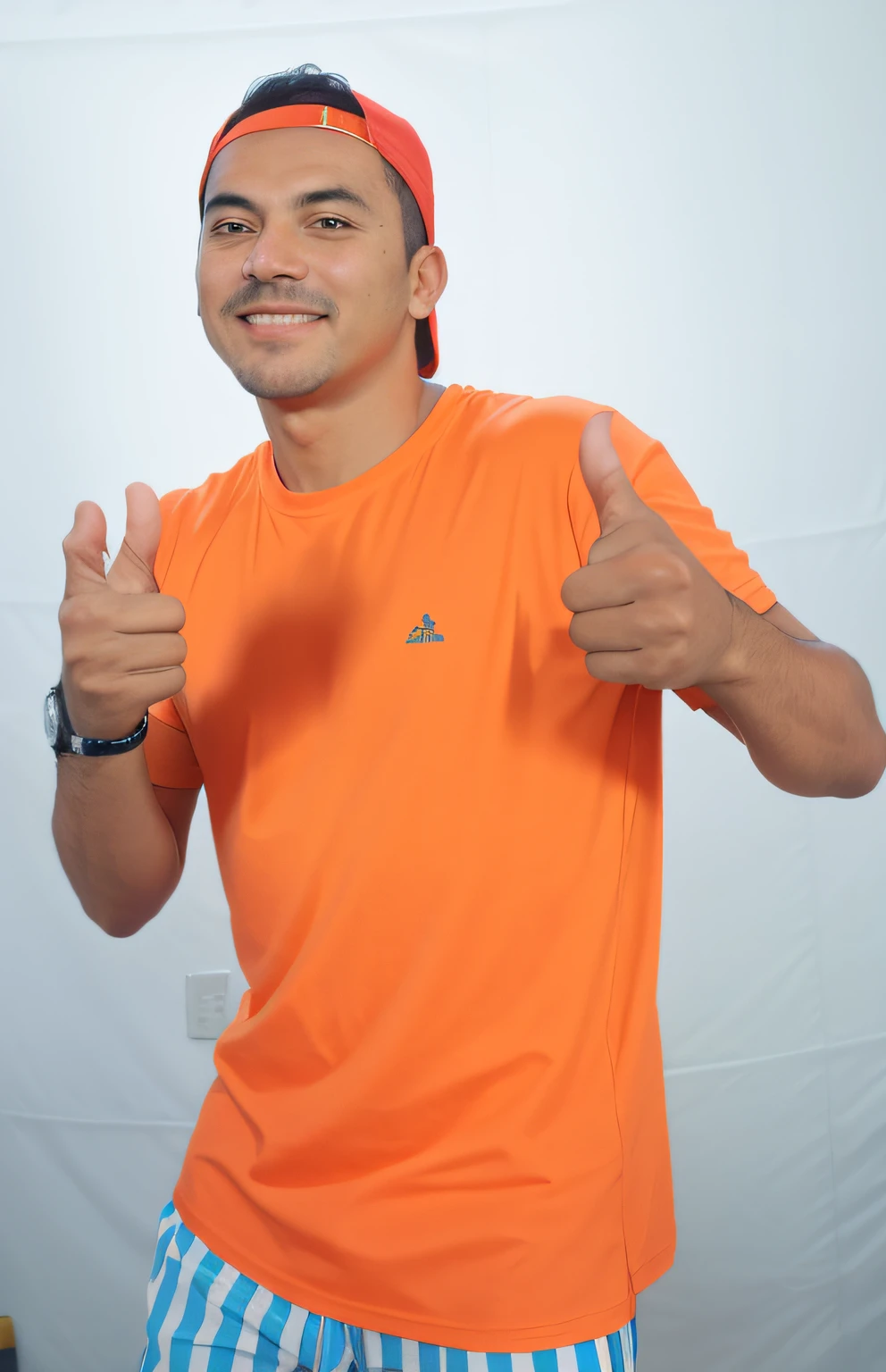 There's a man in an orange shirt and blue shorts giving a thumbs up, vestindo uma camiseta laranja, vestindo uma camiseta laranja, t pose, Retrato tirado 8 K, in an action pose, photo shoot, taken in the early 2020s, com uma pose cool, suave em _ O pano de fundo, shot in the photo studio