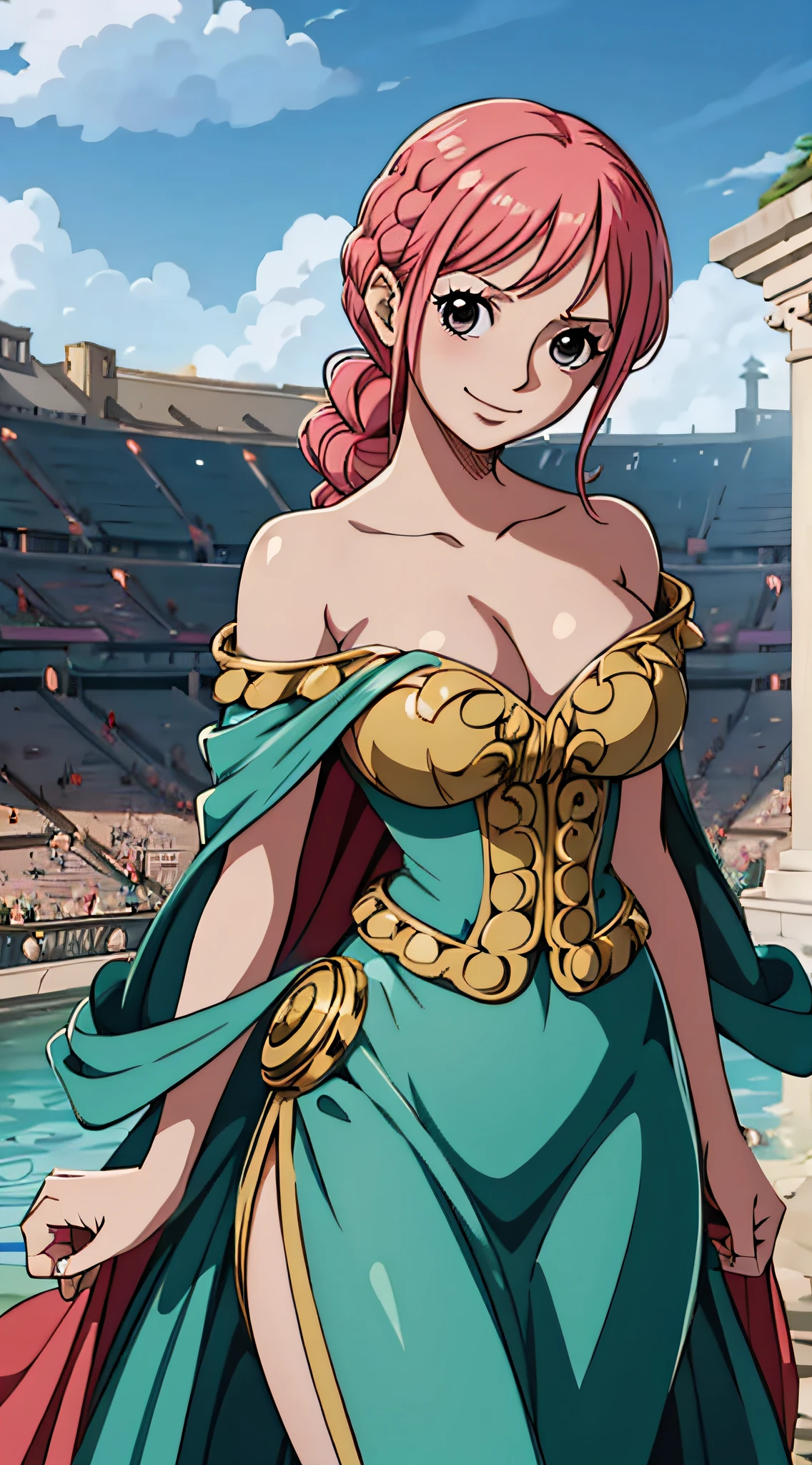 (masterpiece), Rebecca_onepiece, one-girl, little breast, noble clothes, (off shoulder: 1.2), looking at viewer, smile, blush, cute pose, palace