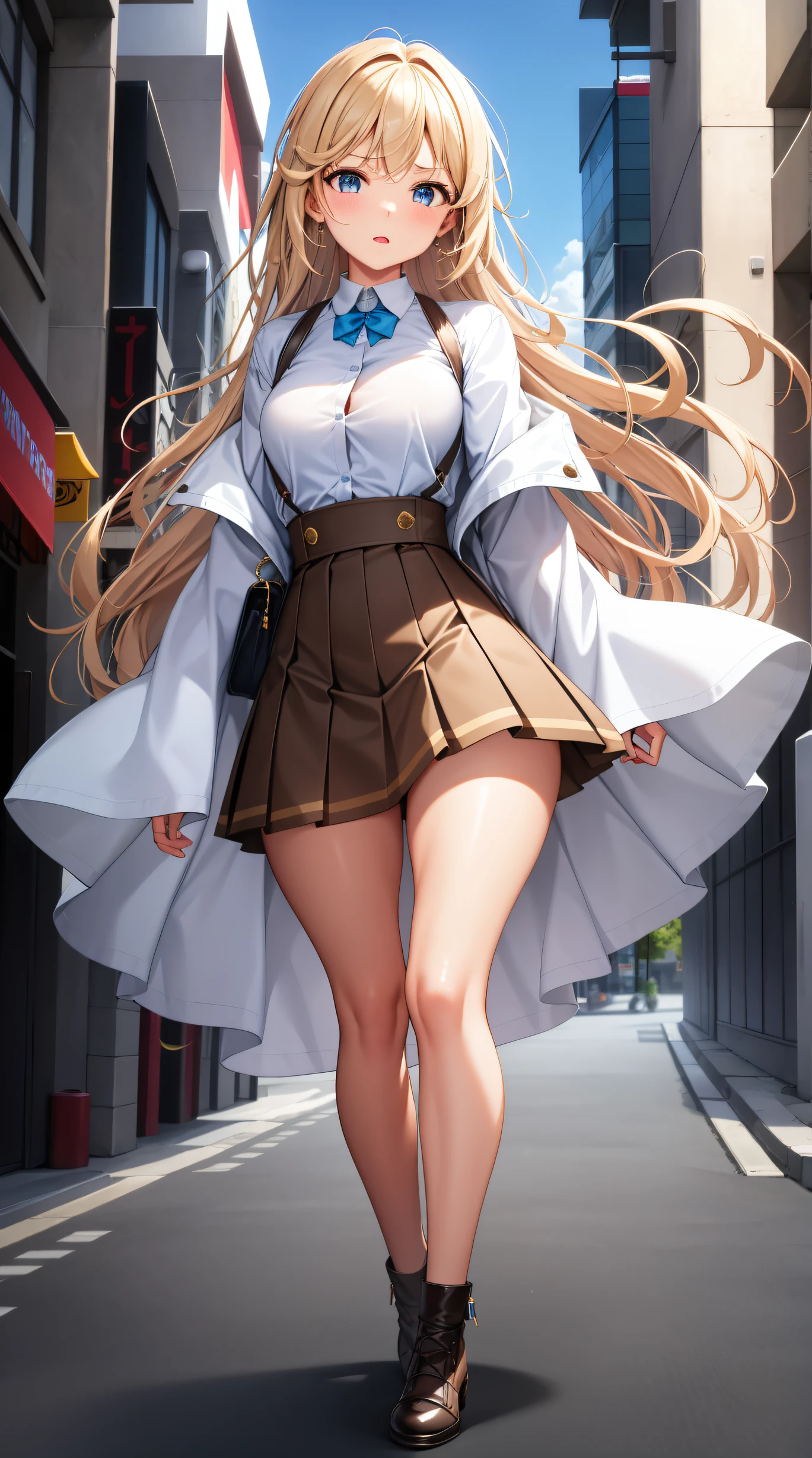 (best quality:1.5, highres, UHD, 4K, detailed lighting, shaders), brown wavy hair, gradient hair, woman small shirt, small skirt, white panties, pwhite skirt, (pov), full body, white background, colorful eyeshadow, dramatic lighting, sparkling eyes, confident expression, golden earrings, flowing hair, delicate facial features, soft skin, high cheekbones, stylish clothing, urban setting, , picture at the back,walking, white background