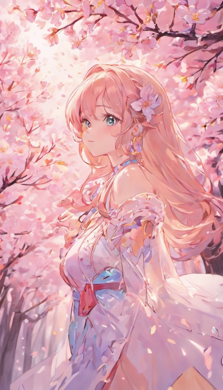 sideface,closeup cleavage,one-girl,Fluttering cherry blossoms,pale-blue( reasonable design, Clear lines, High sharpness,Best quality, Very detailed, Masterpiece, movie light effect, 4K )