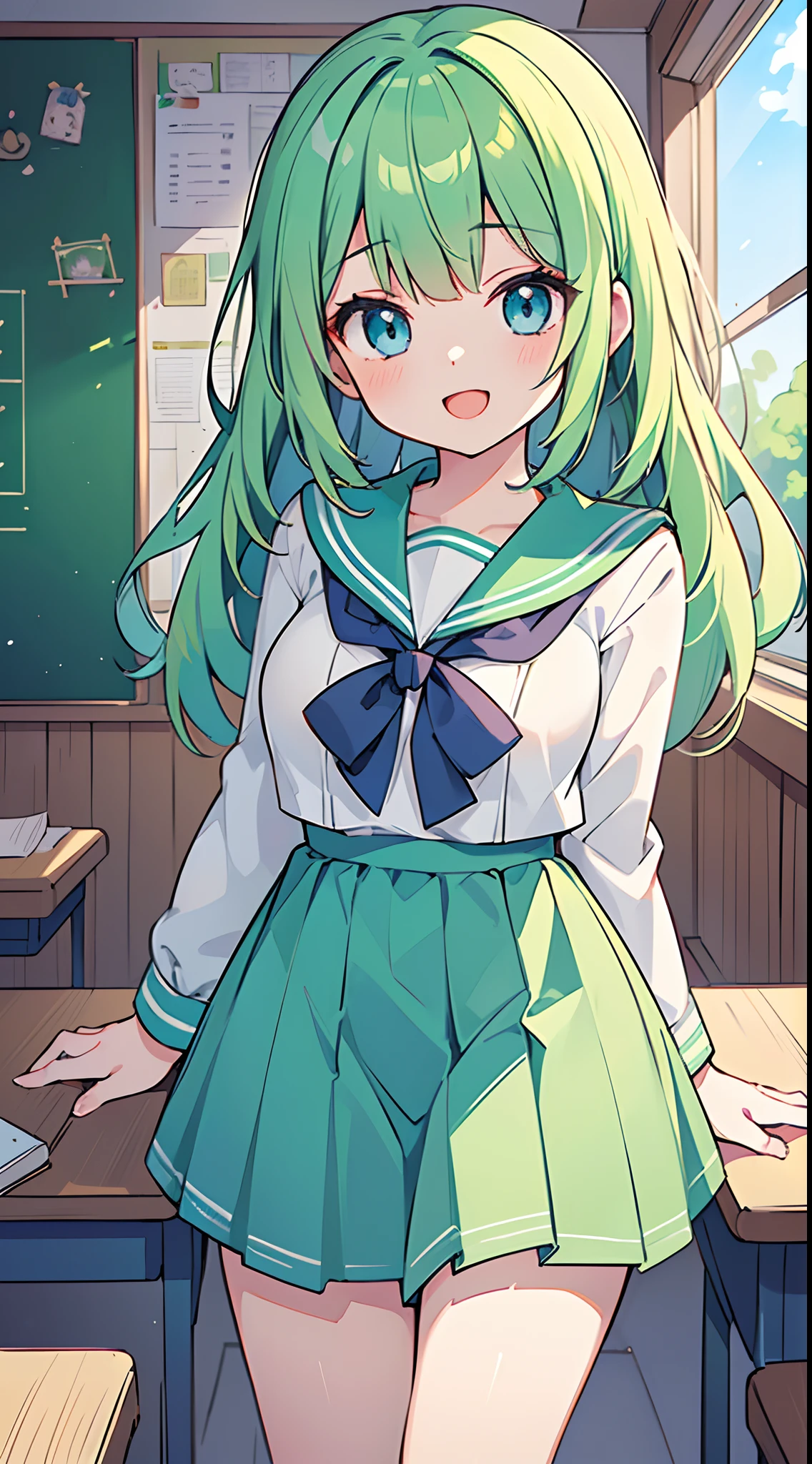 ((Pretty High School girl with green hair and blue eyes))、((wearing Sailor suit))、 face、((master piece、top-quality、ultra-definition、high resolution))、anime girl、((ultra-detailed illust:1.2))、only one person、bangs、hair between eye、beautiful hair、Beautiful eyes、Medium breasts、Big smile、opened mouth、in the classroom