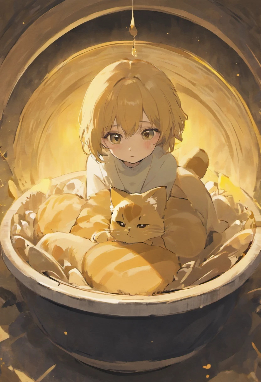 there is a cat that is sitting in a yellow bowl, scottish fold, smokey, photo of a cat, there is full bedpan next to him, a cute cat, cute furry needs your help, cute cat, by Emma Andijewska, curious expression, staring at you, looking content, grey-eyed, curious eyes, smoky