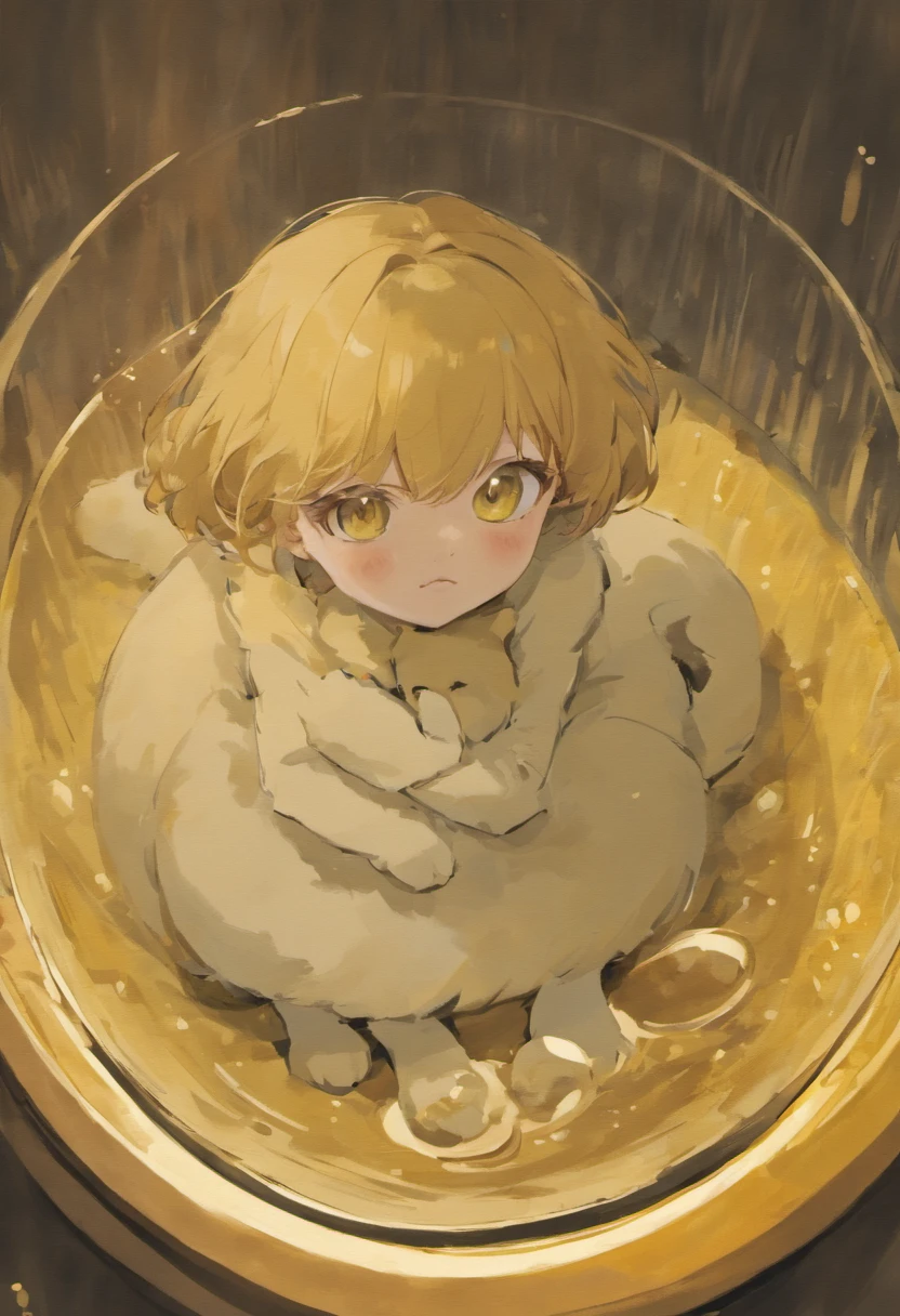 there is a cat that is sitting in a yellow bowl, scottish fold, smokey, photo of a cat, there is full bedpan next to him, a cute cat, cute furry needs your help, cute cat, by Emma Andijewska, curious expression, staring at you, looking content, grey-eyed, curious eyes, smoky