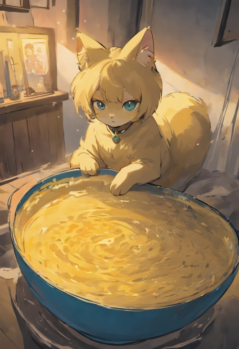 there is a cat that is sitting in a yellow bowl, scottish fold, smokey, photo of a cat, there is full bedpan next to him, a cute cat, cute furry needs your help, cute cat, by Emma Andijewska, curious expression, staring at you, looking content, grey-eyed, curious eyes, smoky