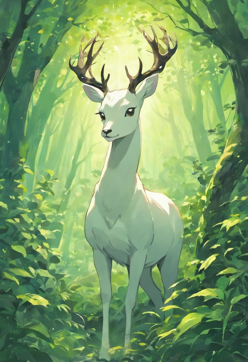 a white buck with small horns adorned with large leaves and vines in a enchanted forest background