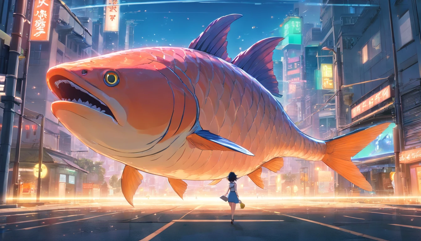 Best quality, masutepiece, Ultra-high resolution, Super huge and violent (Anthropomorphic fish) ogre, glowing light eyes, Broken streets, Broken City, Gravel-covered ground, Broken flag, Japan Invaders, 8K, Natural light surreal sci-fi scene, From the point of view of the lowest level (light and shadow effect),(Depth of field effect),(Tindale),(Optical particle tracking),(NFFSW),(Horror movie lighting visuals),(voluminetric lighting),(Bright colors),