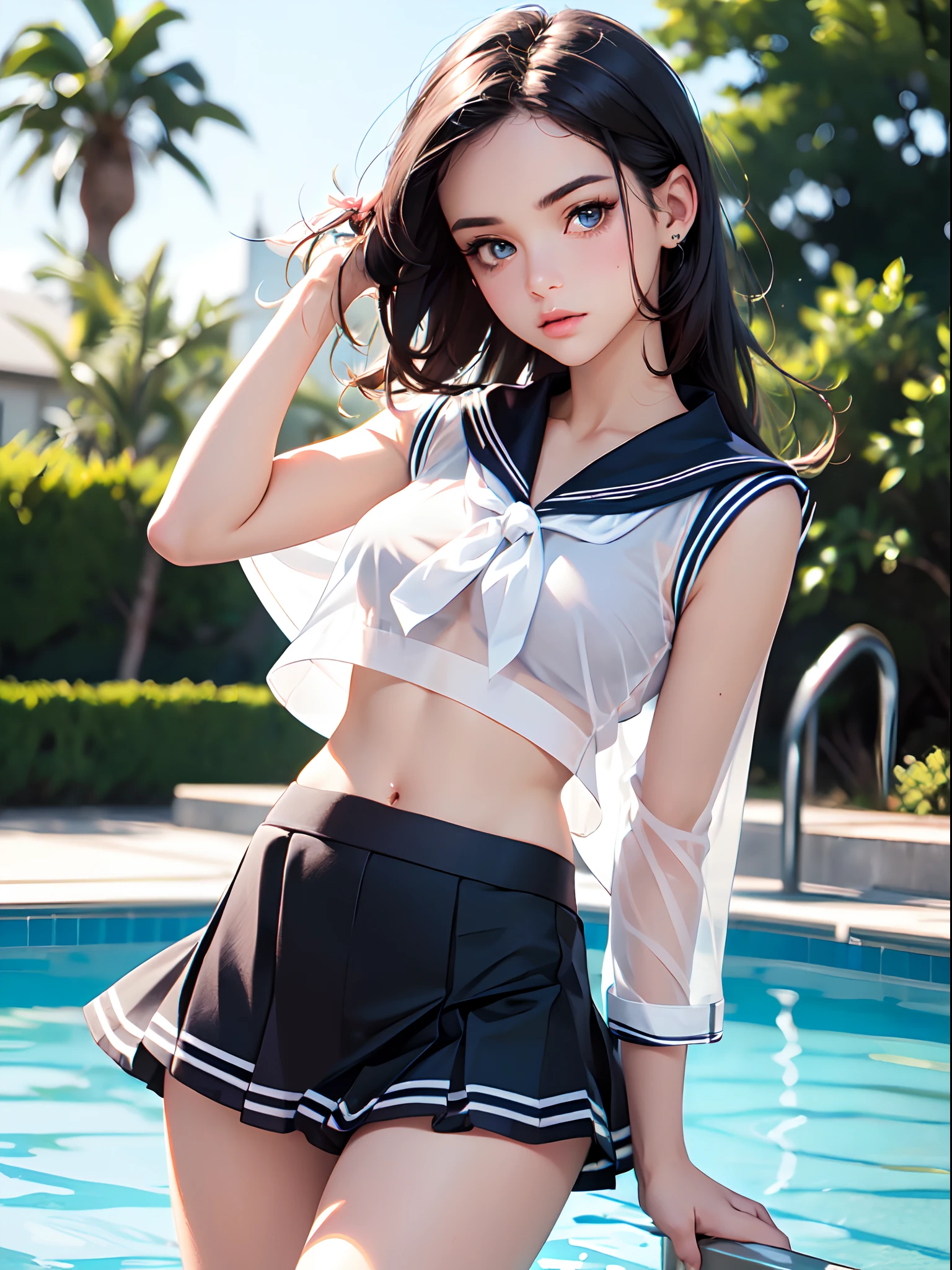 ((masterpiece, best quality, highres, UHD, perfect pixel, depth of field, 4k, RTX, HDR))), 1girl, single, solo, cleavage, beautiful girl, beautiful artstyle, ((Detailed beautiful eyes, beautiful eyelashes, realistic eyes)), ((detailed face)), ((smooth texture, realistic texture, photorealistic)), large breasts, small ass, perfect body, ((cowboy shot)), ((( white sheer sailor shirt, Sleeveless, Open front))), (((Navel ))), (((Sheer Micro Mini Skirt))), poolside, Perfect Eyes Eyes