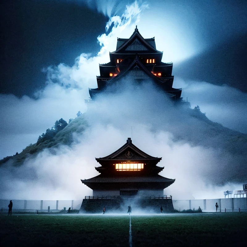 ((Himeji Castle, a world heritage site, shines blue-white in the magical fog on a pitch-black night.)), ((Himeji Castle, a national treasure, shines blue-white on a pitch-black night, shrouded in magical fog.)), (neon light effect:1.4), (black light effect:1.4), BREAK ((Best Quality, 8k))