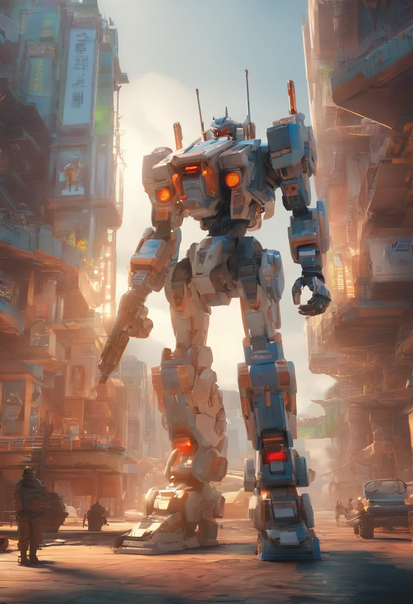 Skysky,clouds,Holding_arma,No_Humanity,with light glowing,combat state,combat scene,Laser cannon,Laser sword,2 robots,buliding,Glowing_Eyes,Mecha,scientific fiction,城市,Realistis,Mecha