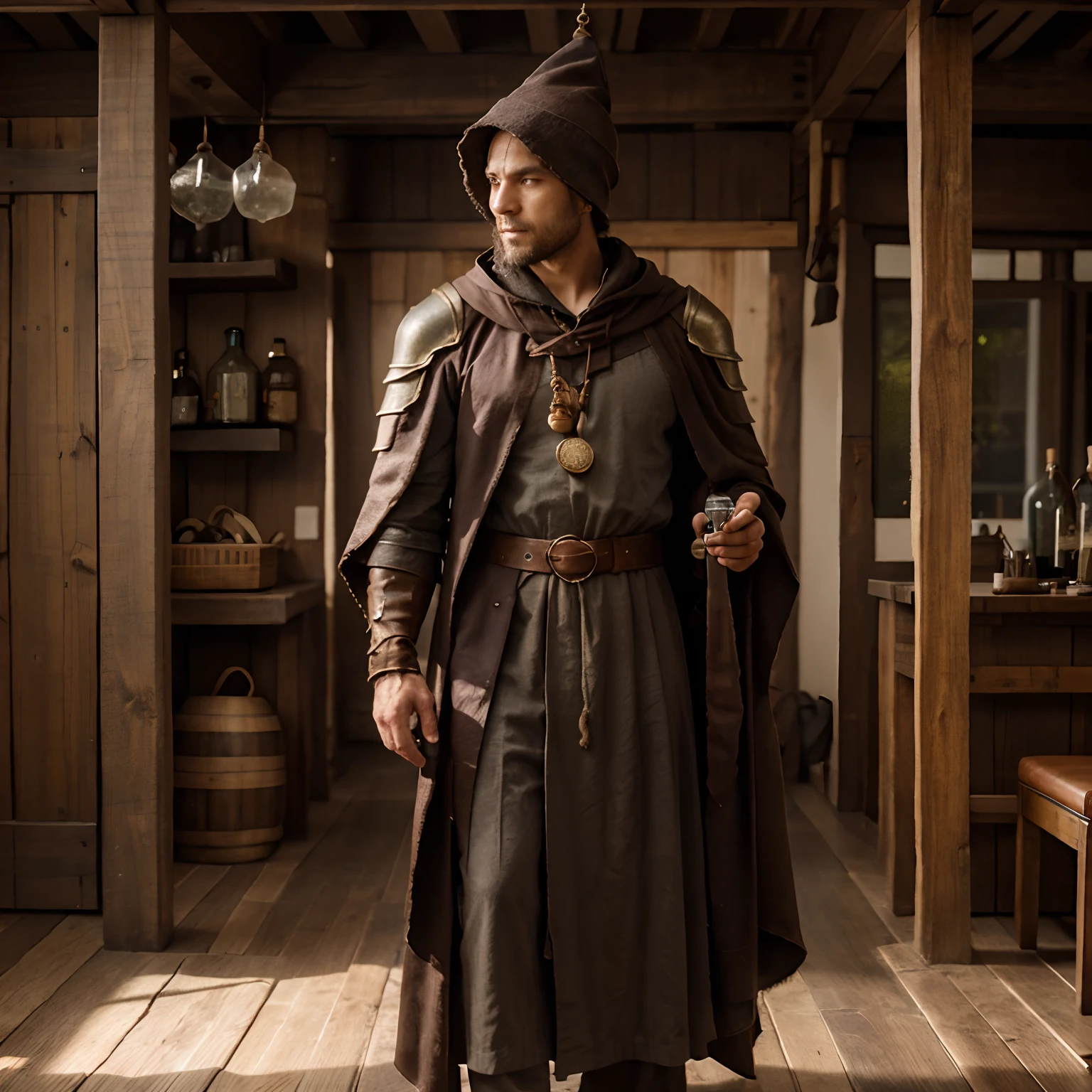 A wizard wearing a brown floor length cloak, leather shoulder armor, wooden staff with 3 small bottles hanging from it, grey wizard hat, potion bottles on hip belt