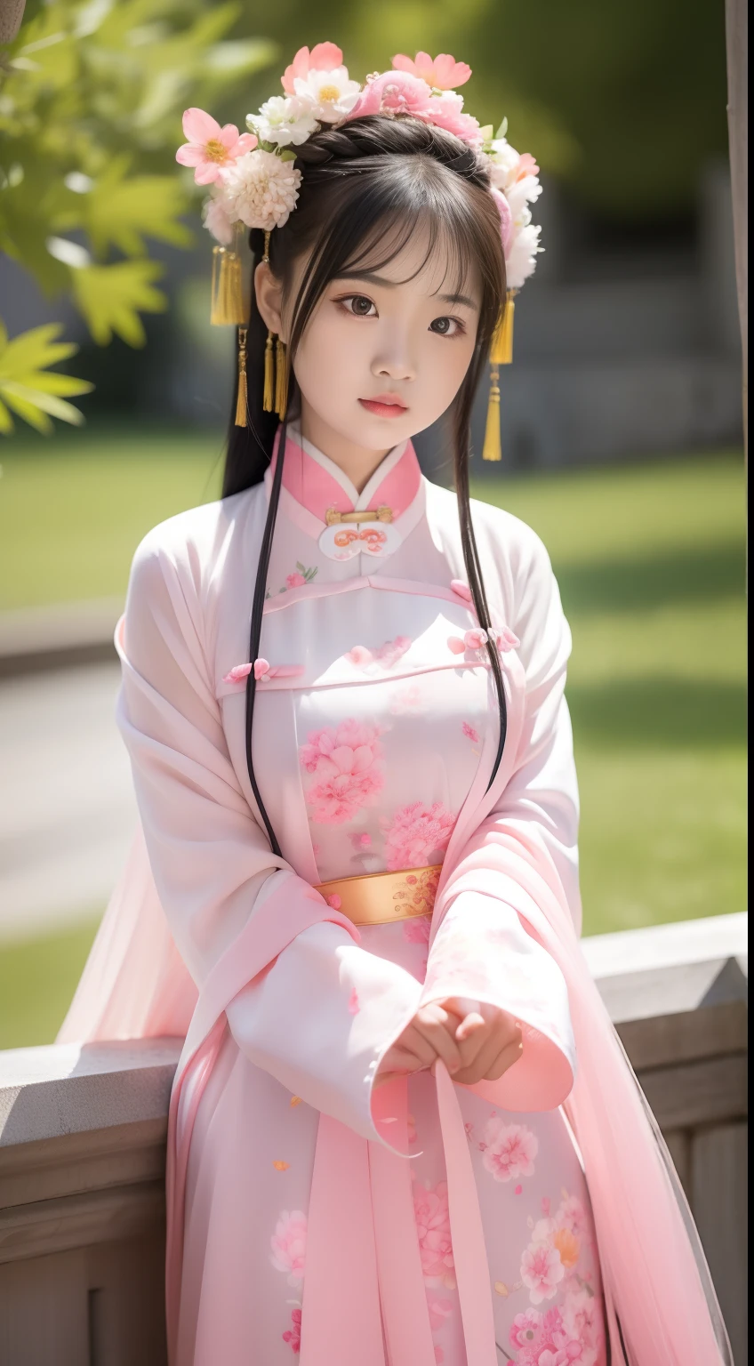 Close-up of a young girl in a pink dress and a green flower headdress, China Princess, Chinese girl, Palace ， A girl in Hanfu, Young Asian girl, Princesa chinesa antiga, Cute young girl, Chinese style, young girl, cute beautiful, Beautiful character painting, beautiful portrait image, Very beautiful girl, Asian girl, Chinese traditional, Chinese costume，Huge breasts