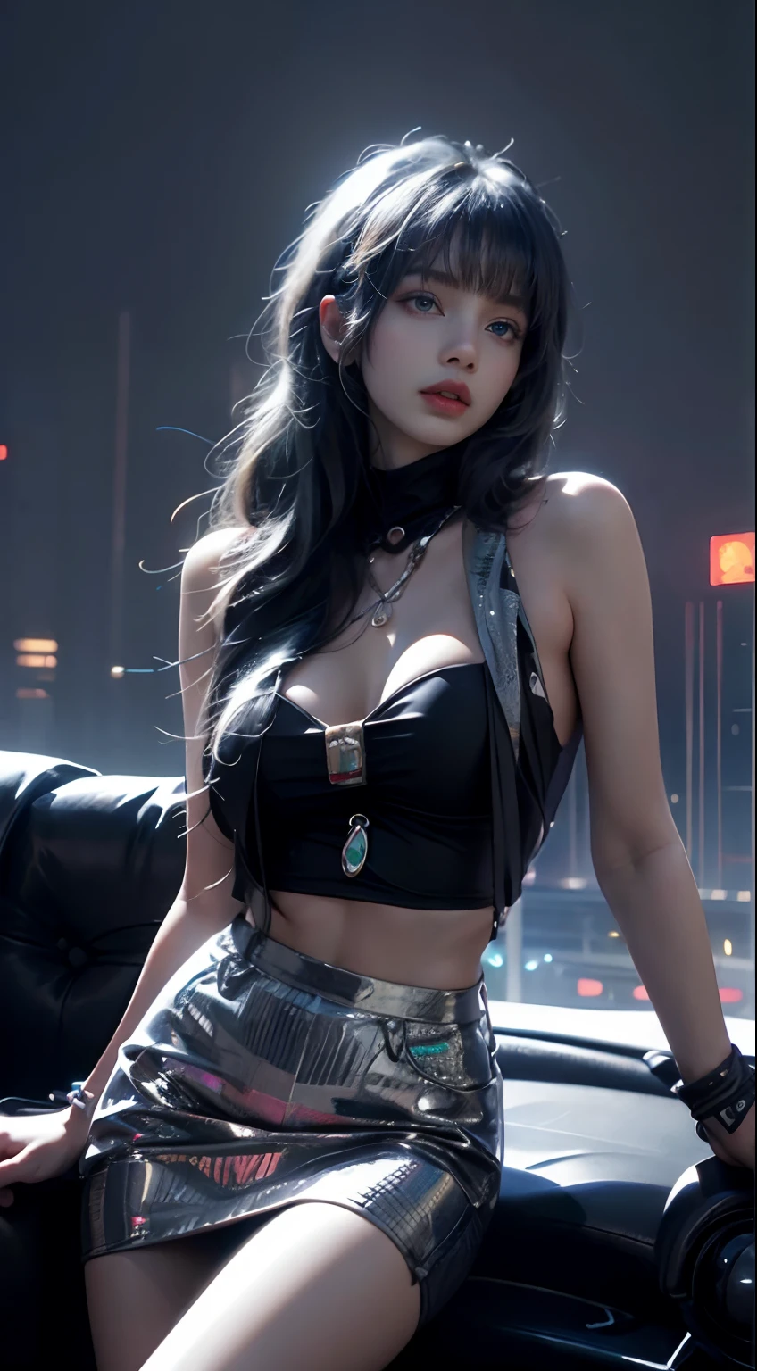 (1girll:1.3)、独奏、Realistic face Realistic skin、long whitr hair、paleskin、Bigboobs、offcial art、统一 8k 壁纸、ultra - detailed、Beauty and aesthetics、big breasts beautiful、tmasterpiece、best qualtiy、In the city of Cypunk、Fantastical Atmosphere、calm color palette、Tranquil Mood、soft shade、nurses、carismatic,Superskirt, Bare natural thighs