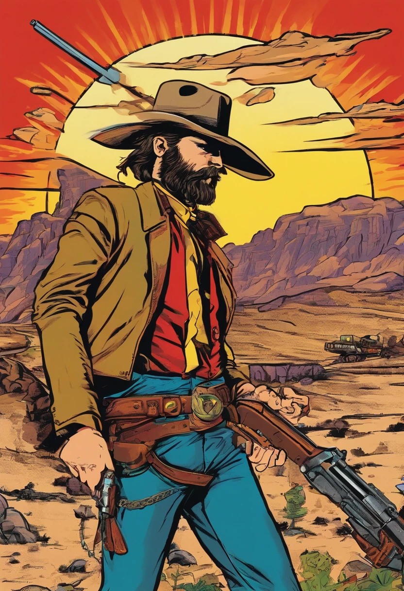 Query: Depiction of a skinny, short-bearded gunslinger from the Wild West in combat with aliens, In the style of comic books. Translation into Portuguese: Depiction of a skinny, short-bearded gunslinger from the Wild West in combat with aliens, In the style of comic books.