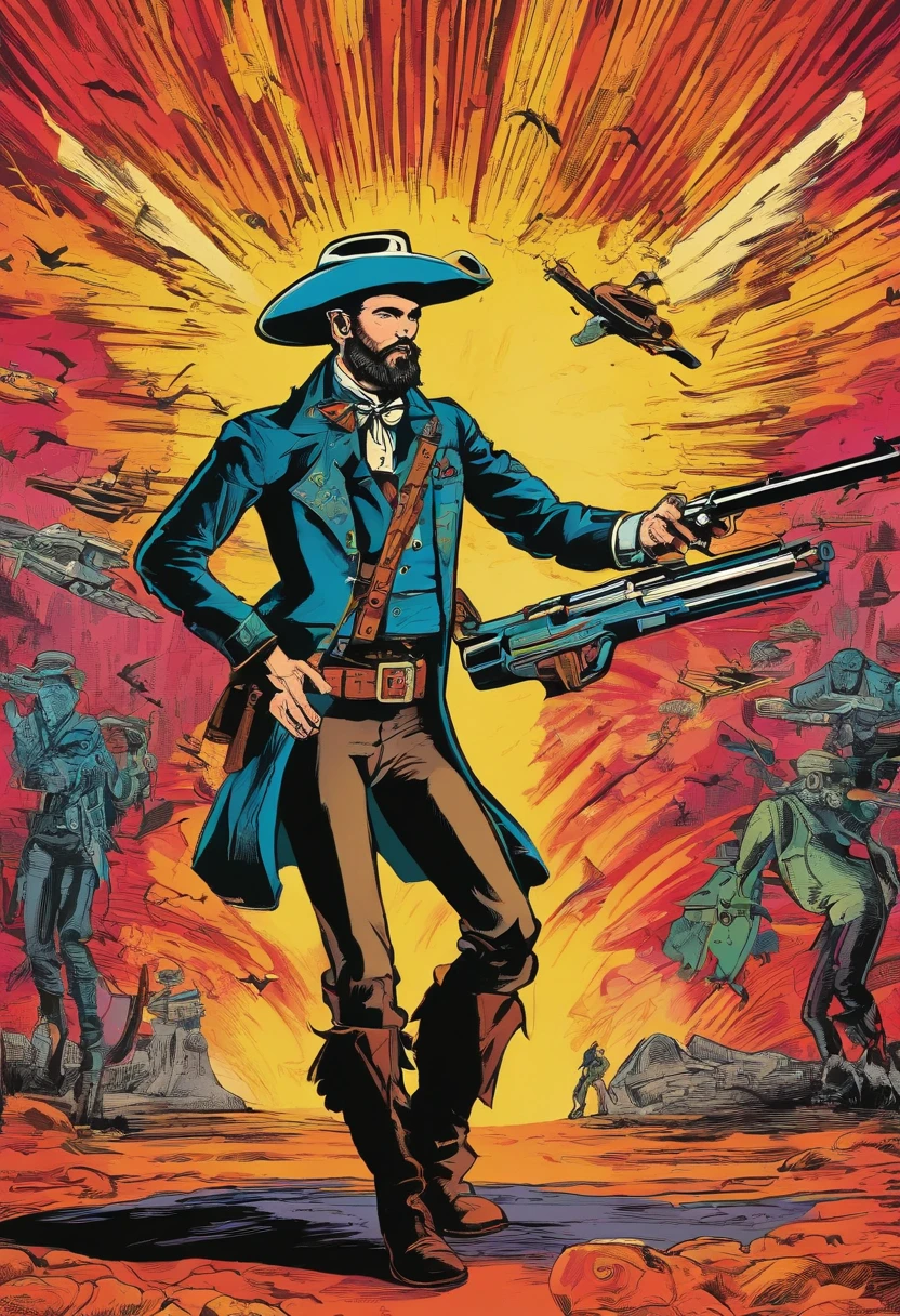 Query: Depiction of a skinny, short-bearded gunslinger from the Wild West in combat with aliens, In the style of comic books. Translation into Portuguese: Depiction of a skinny, short-bearded gunslinger from the Wild West in combat with aliens, In the style of comic books.