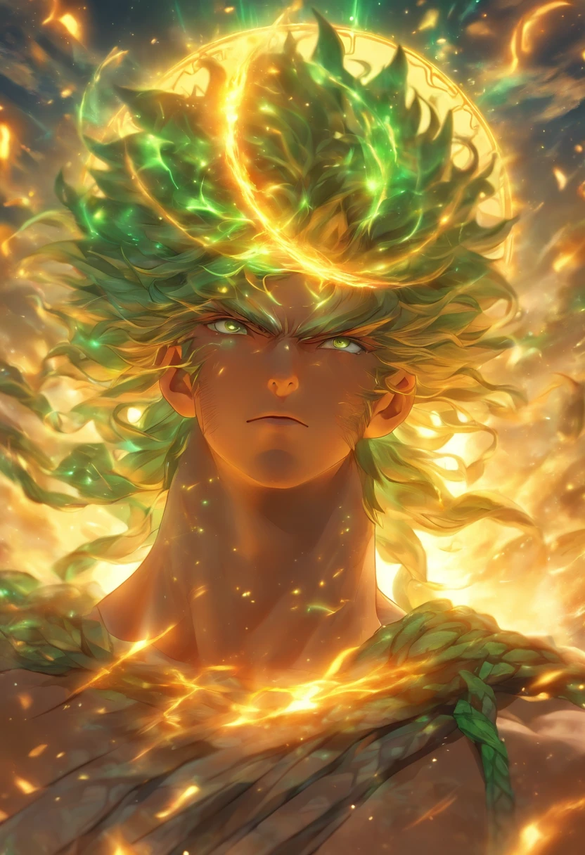 (((BEAUTIFUL))) best quality, ultra-high resolution, 4K detailed CG, master piece,Celtic god,sun,Summer god ,Celtic clothing,Celtic mythology, ((standing pose)) , Celtic image, aesthetic, centered on screen