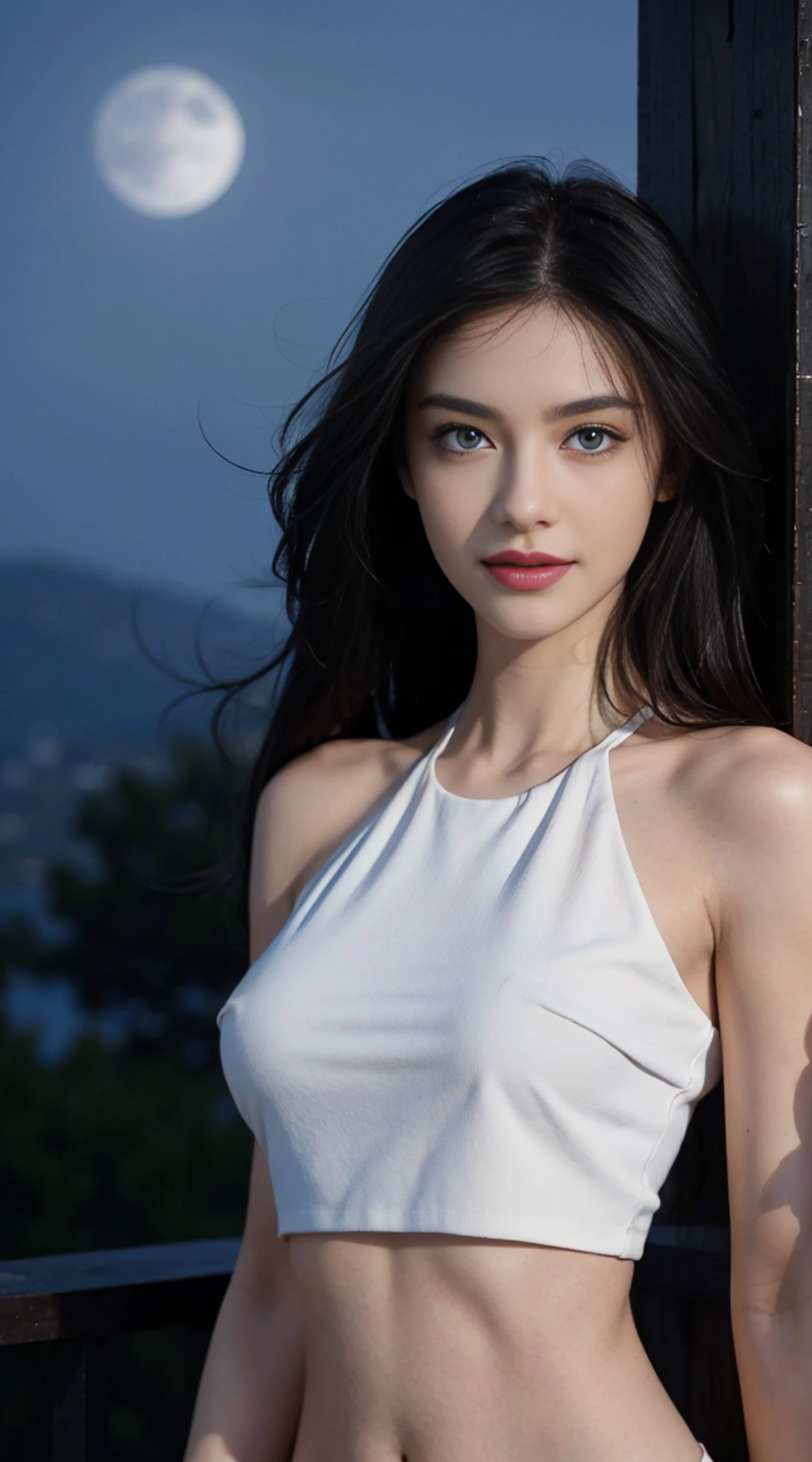 8K, Top Quality, Intricate Details, Ultra Detail, Ultra High Resolution, Masterpiece, random angle, Slender, Smile, (Makeup: 0.4), (Fluffy Blue Eyes: 1.21), blue Eyes, looking at viewer, ((full body)), 1girl, solo, 1 girl, (( full body)), close up shot, , ((tall)), (((fit body))), (((slim face))), sharp face, sharp eyes, (((black hair, long hair, )) , (detailed face), sharp face, small lips, windy ,
(( )), (crop top)), detailed face, detailed breast, , large breast, detail ass, , Beautiful girl with accentuated slender abs: 1.4, Six Pack Abs: 1.4, Bust Botox, Big, Perfect Body, detail leg, (( moonlight)), top of mountain