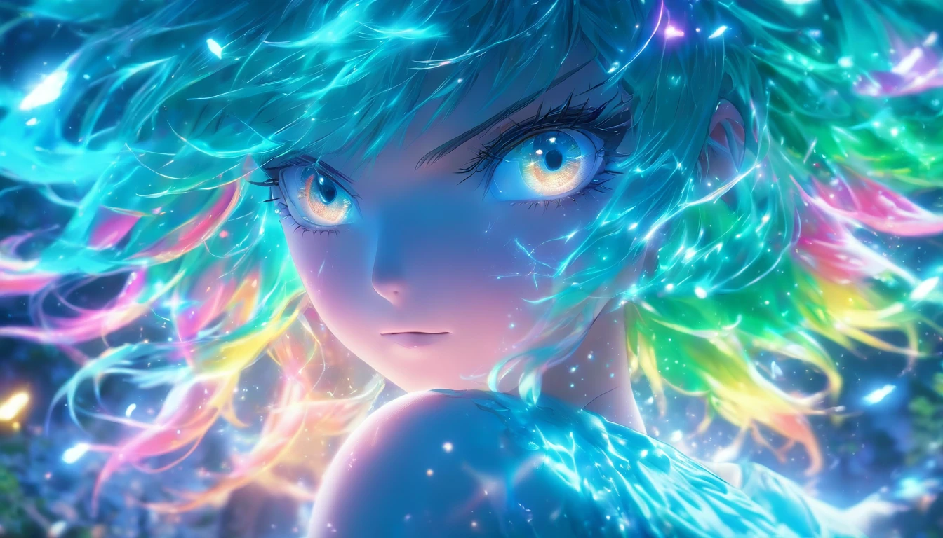 (Best quality,4K,8K,A high resolution,Masterpiece:1.2),Ultra-detailed,(Realistic,Photorealistic,photo-realistic:1.37),femele,Turquoise eyes glow,rainbow colour hair,Cast luminous spells,mystical forest,illustration,enchanting atmosphere,Vibrant colors,Soft lighting