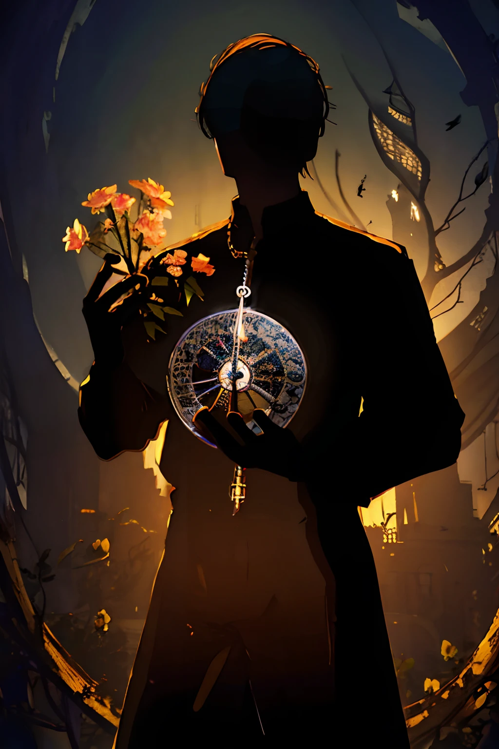 (best quality, high resolution, ultra-detailed, realistic: 1.37), silhouette of a man holding a striking pocket watch, surrounded by flowers, snakes and darkness, illustrative rendering, intricate details, mysterious atmosphere, vibrant colors, dynamic lighting , Gothic style