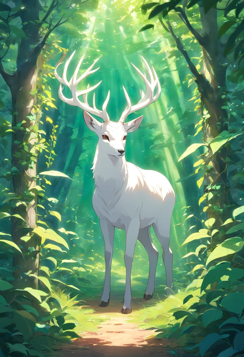 a white buck with small horns adorned with large leaves and vines in a enchanted forest background