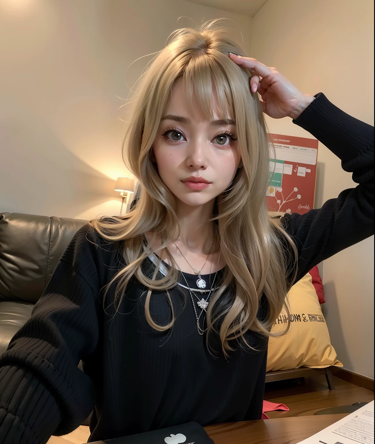 mulher araffe sentada em uma mesa com um livro e um laptop, O corte Hime, com franja, cabelos longos com franja, cabelo comprido com franja completa, cabelo arrumado com franja, com franja completa, Chiho, franja fofa, franja e cabelos ondulados, franja longa, franja de cortina, Rena Nounen Estilo 3/4, cabelo longo castanho com franja