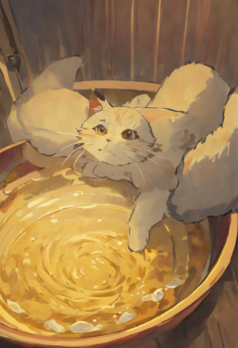 there is a cat that is sitting in a yellow bowl, scottish fold, smokey, photo of a cat, there is full bedpan next to him, a cute cat, cute furry needs your help, cute cat, by Emma Andijewska, curious expression, looking content, grey-eyed, curious eyes, smoky