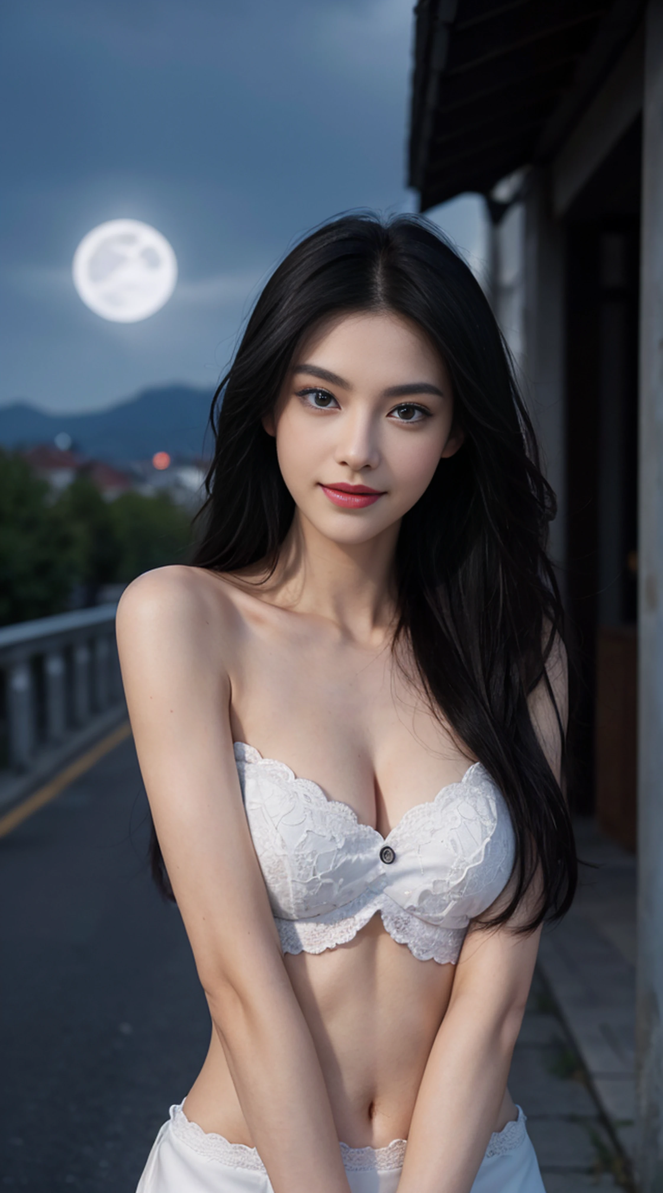 8K, Top Quality, Intricate Details, Ultra Detail, Ultra High Resolution, Masterpiece, random angle, Slender, Smile, (Makeup: 0.4), (Fluffy Blue Eyes: 1.21), blue Eyes, looking at viewer, ((full body)), 1girl, solo, 1 girl, (( full body)), close up shot, , ((tall)), (((fit body))), (((slim face))), sharp face, sharp eyes, (((black hair, long hair, )) , (detailed face), sharp face, small lips, windy ,
(( )), (mini top)), detailed face, detailed breast, , large breast, detail ass, , Beautiful girl with accentuated slender abs: 1.4, Six Pack Abs: 1.4, Bust Botox, Big, Perfect Body, detail leg, (( moonlight)), top of mountain